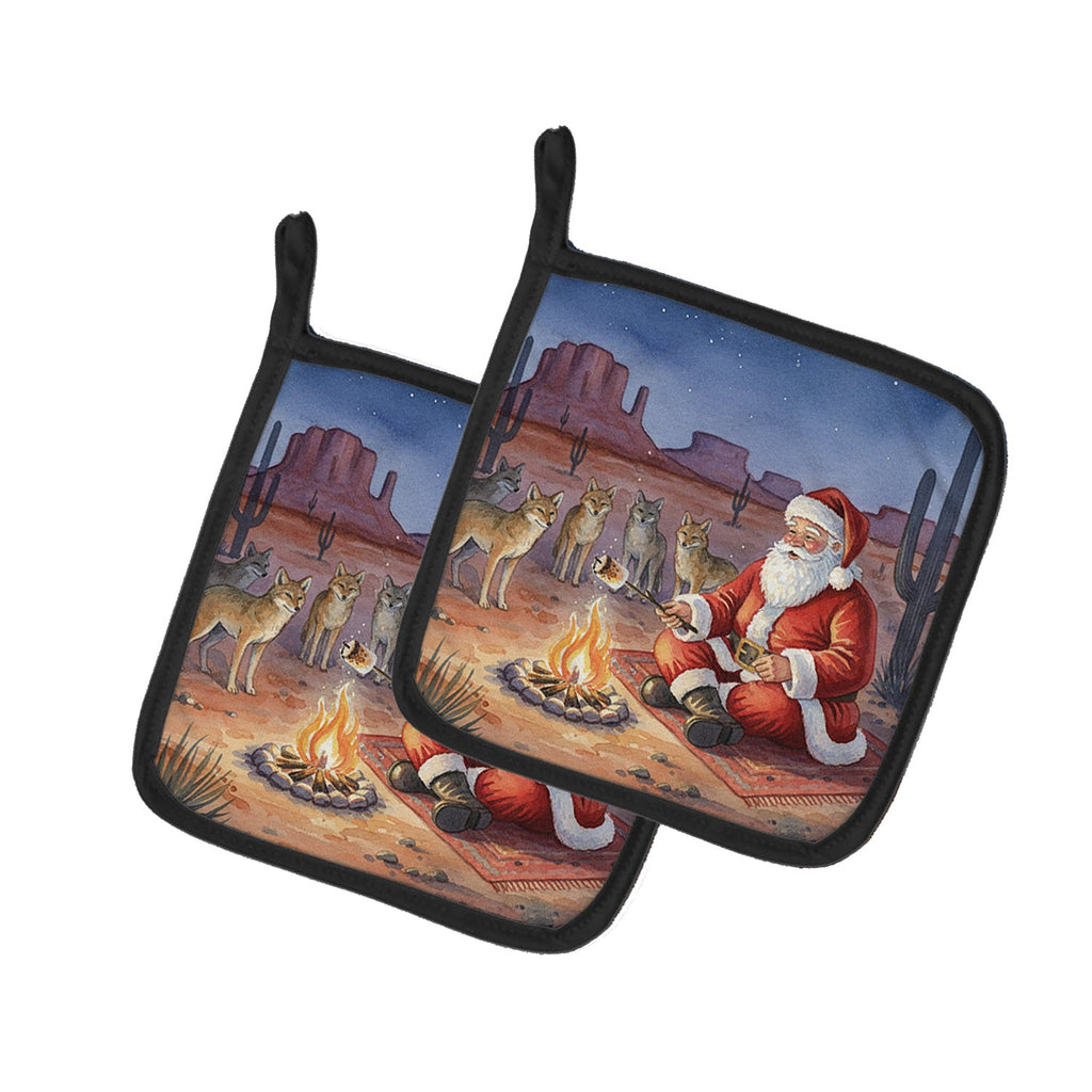 Santa Claus by the Campfire Under the Stars Christmas Pot Holder Set of 2 Heat Resistant Quilted Hot Pads 7.5 x 7.5 Inch, Insulated Kitchen Trivets for Cooking & Baking