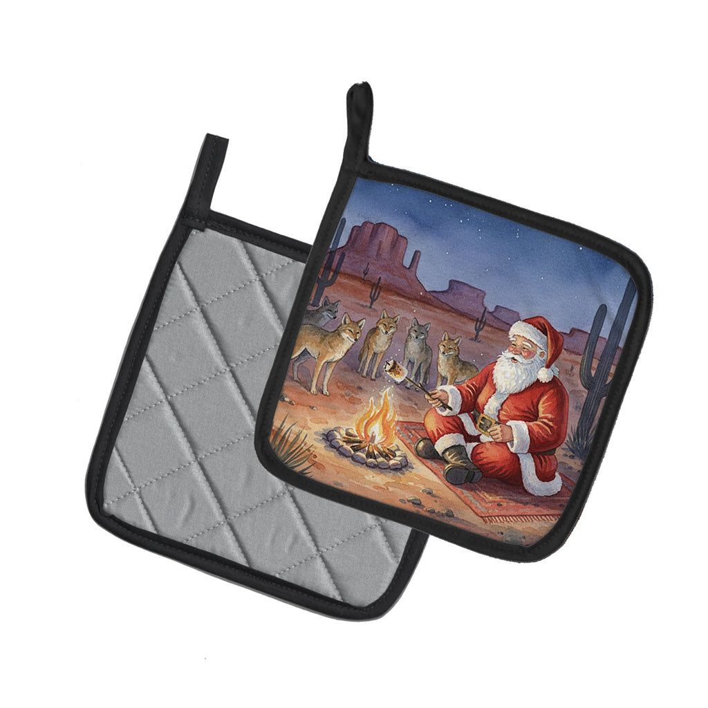 Santa Claus by the Campfire Under the Stars Christmas Pot Holder Set of 2 Heat Resistant Quilted Hot Pads 7.5 x 7.5 Inch, Insulated Kitchen Trivets for Cooking & Baking