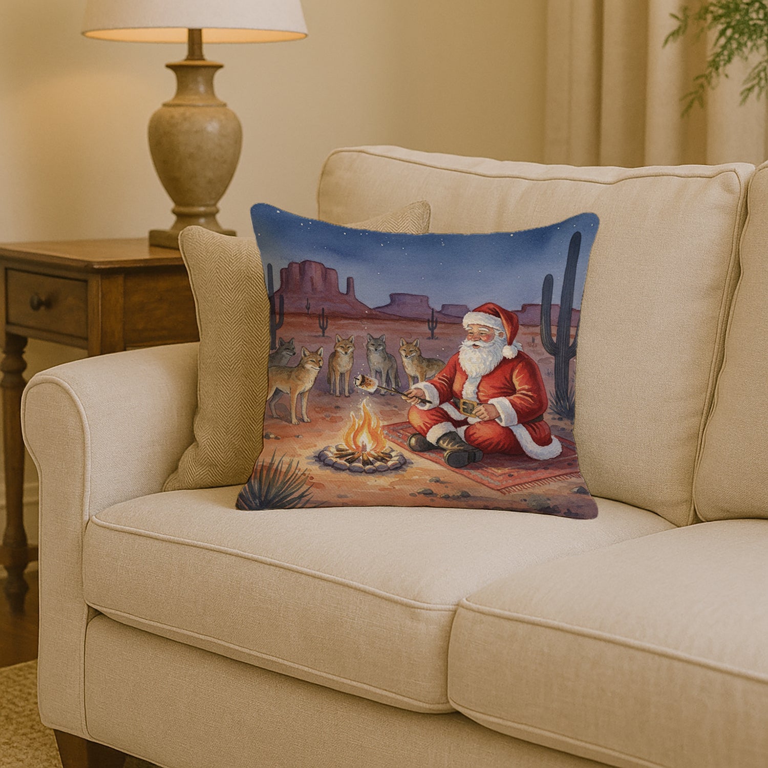 Santa Claus by the Campfire Under the Stars Christmas Decorative Throw Pillow 14x14 Indoor Outdoor Accent Cushion, Fabric Cover with Insert for Sofa, Bed, Porch & Living Room