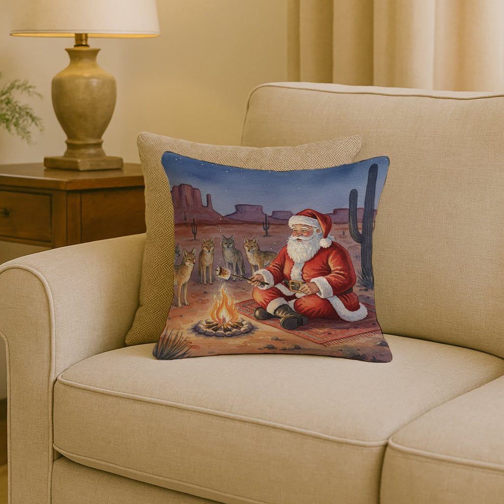 Santa Claus by the Campfire Under the Stars Christmas Decorative Throw Pillow 18x18 Indoor Outdoor Accent Cushion, Fabric Cover with Insert for Sofa, Bed, Porch & Living Room