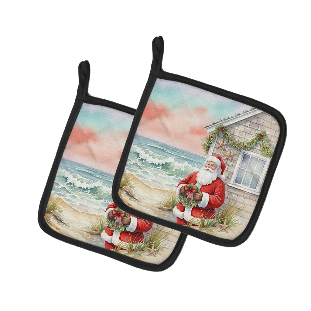 Santa Claus by the Seaside Cottage Christmas Pot Holder Set of 2 Heat Resistant Quilted Hot Pads 7.5 x 7.5 Inch, Insulated Kitchen Trivets for Cooking & Baking