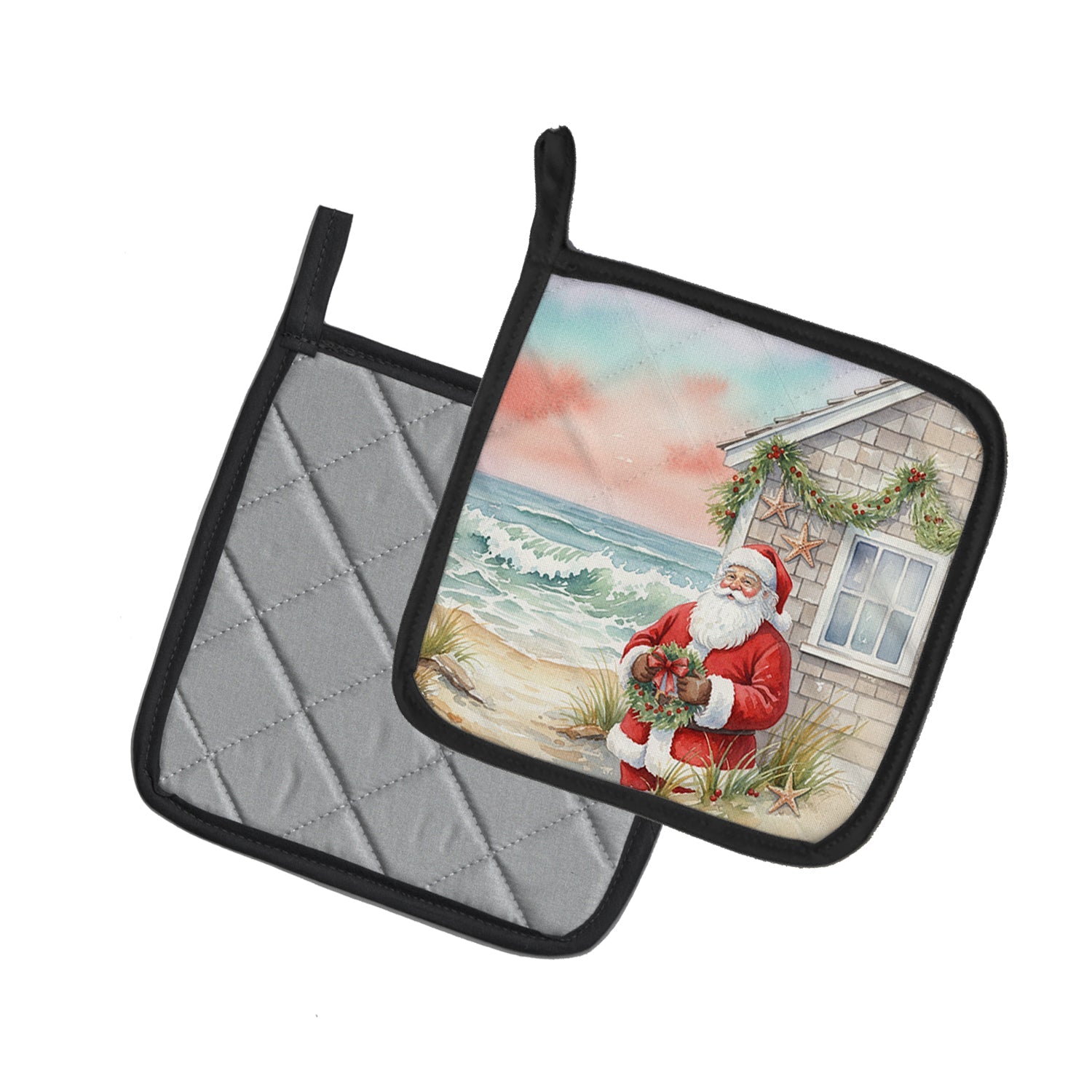 Santa Claus by the Seaside Cottage Christmas Pot Holder Set of 2 Heat Resistant Quilted Hot Pads 7.5 x 7.5 Inch, Insulated Kitchen Trivets for Cooking & Baking