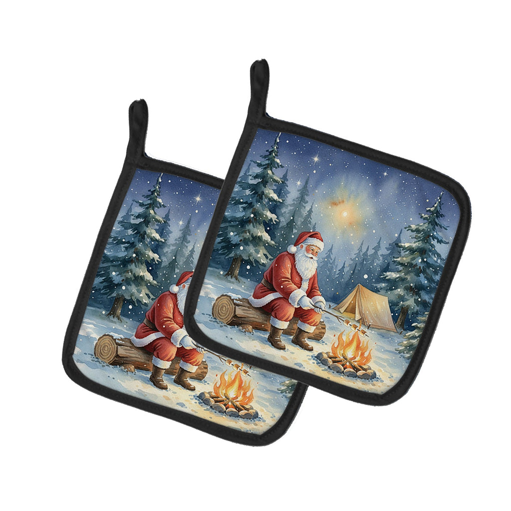 Santa Claus Camping by the Fire Christmas Pot Holder Set of 2 Heat Resistant Quilted Hot Pads 7.5 x 7.5 Inch, Insulated Kitchen Trivets for Cooking & Baking