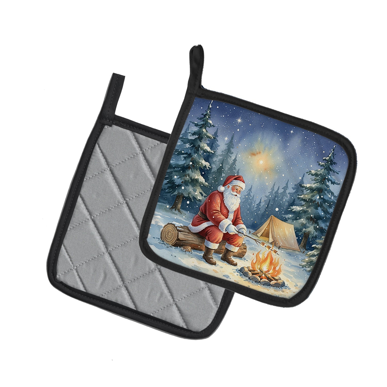 Santa Claus Camping by the Fire Christmas Pot Holder Set of 2 Heat Resistant Quilted Hot Pads 7.5 x 7.5 Inch, Insulated Kitchen Trivets for Cooking & Baking