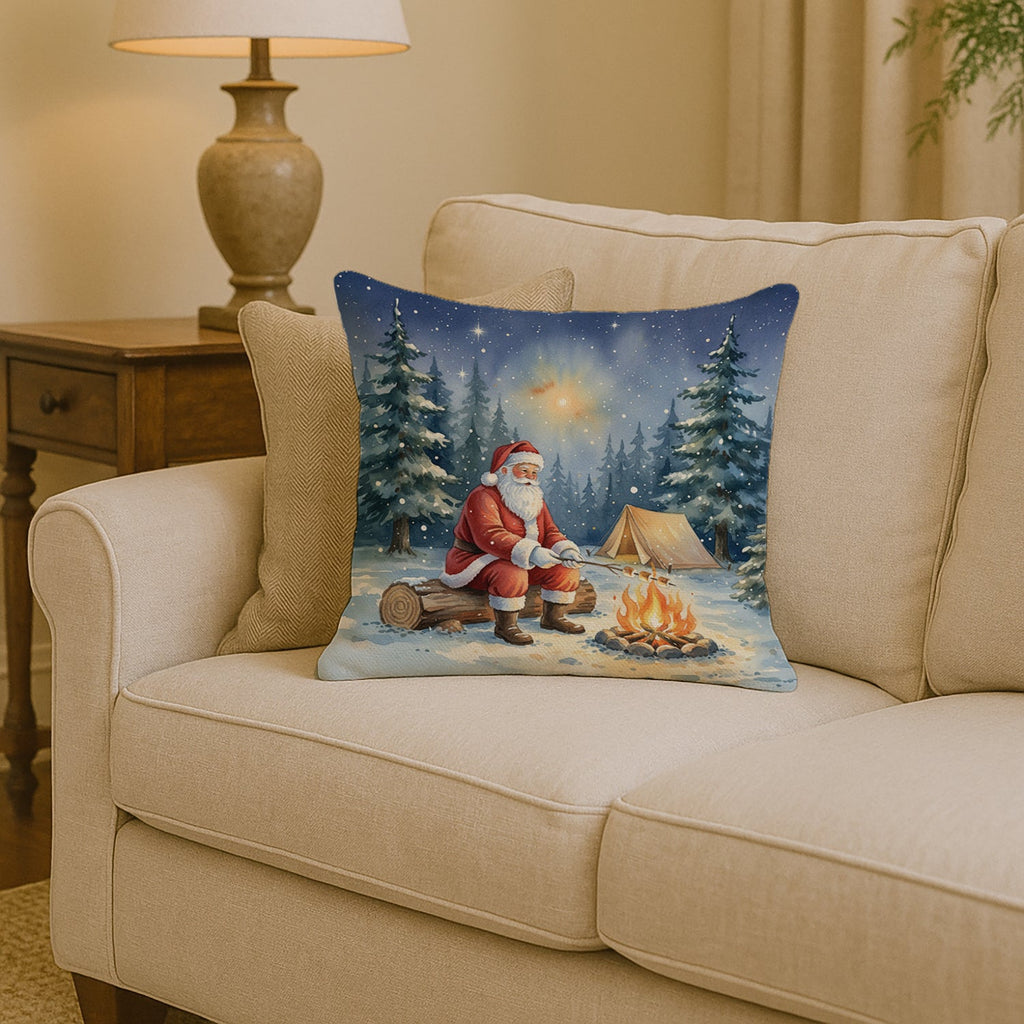Santa Claus Camping by the Fire Christmas Decorative Throw Pillow 14x14 Indoor Outdoor Accent Cushion, Fabric Cover with Insert for Sofa, Bed, Porch & Living Room