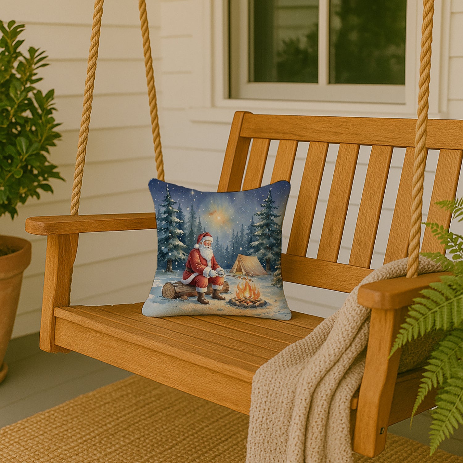 Santa Claus Camping by the Fire Christmas Decorative Throw Pillow 14x14 Indoor Outdoor Accent Cushion, Fabric Cover with Insert for Sofa, Bed, Porch & Living Room
