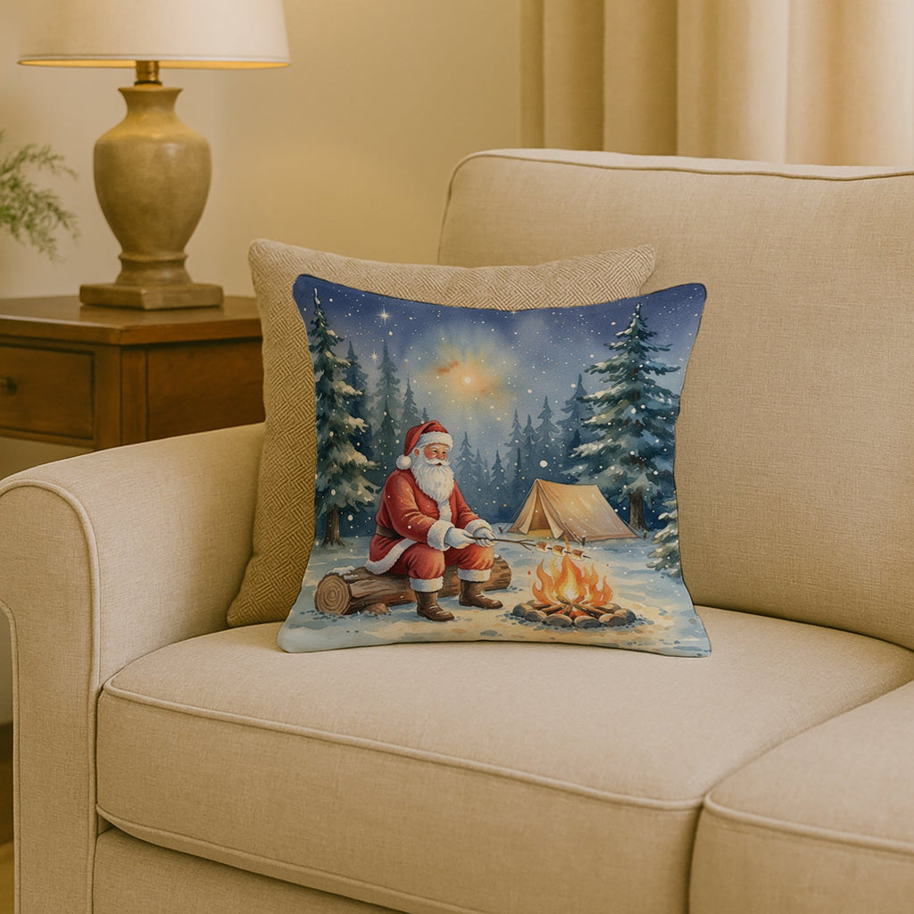 Santa Claus Camping by the Fire Christmas Decorative Throw Pillow 18x18 Indoor Outdoor Accent Cushion, Fabric Cover with Insert for Sofa, Bed, Porch & Living Room
