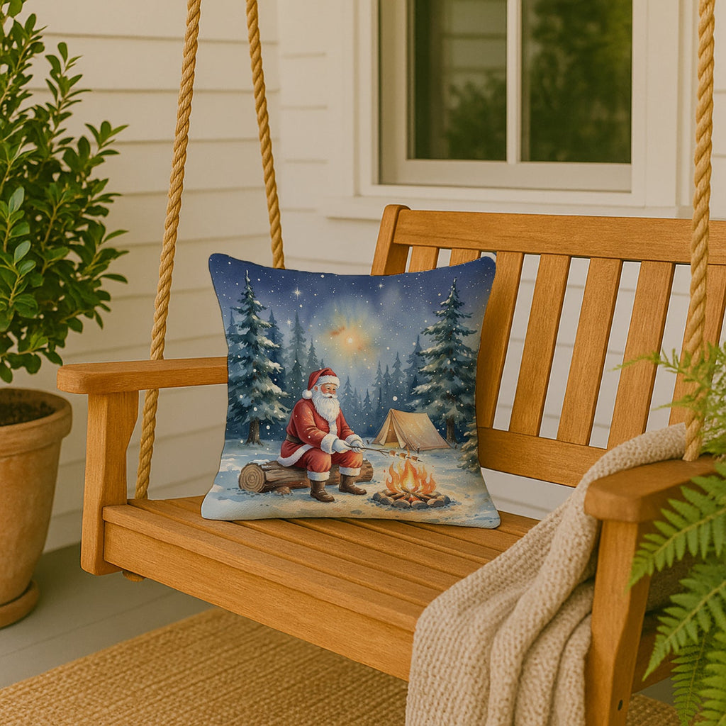 Santa Claus Camping by the Fire Christmas Decorative Throw Pillow 18x18 Indoor Outdoor Accent Cushion, Fabric Cover with Insert for Sofa, Bed, Porch & Living Room
