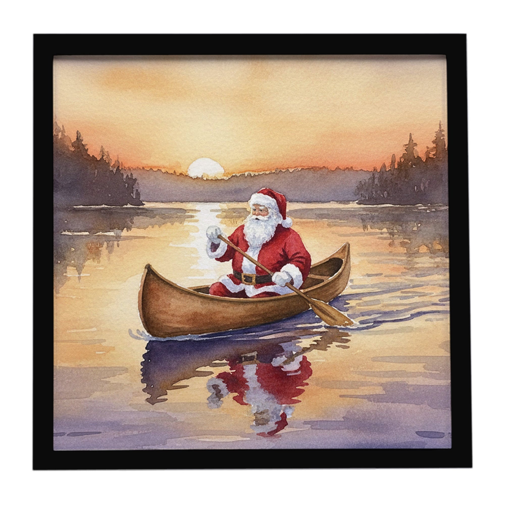 Santa Claus Canoeing at Sunset Christmas Framed Metal Print Bathroom, Kitchen, Office, Home Decor Wall Art Ready to Hang, Square, 8X8