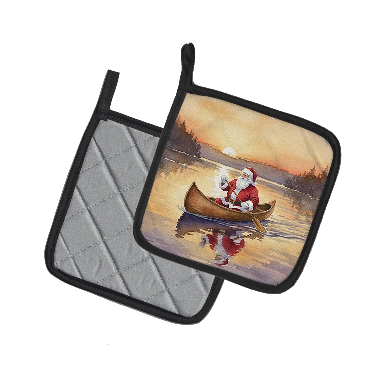Santa Claus Canoeing at Sunset Christmas Pot Holder Set of 2 Heat Resistant Quilted Hot Pads 7.5 x 7.5 Inch, Insulated Kitchen Trivets for Cooking & Baking