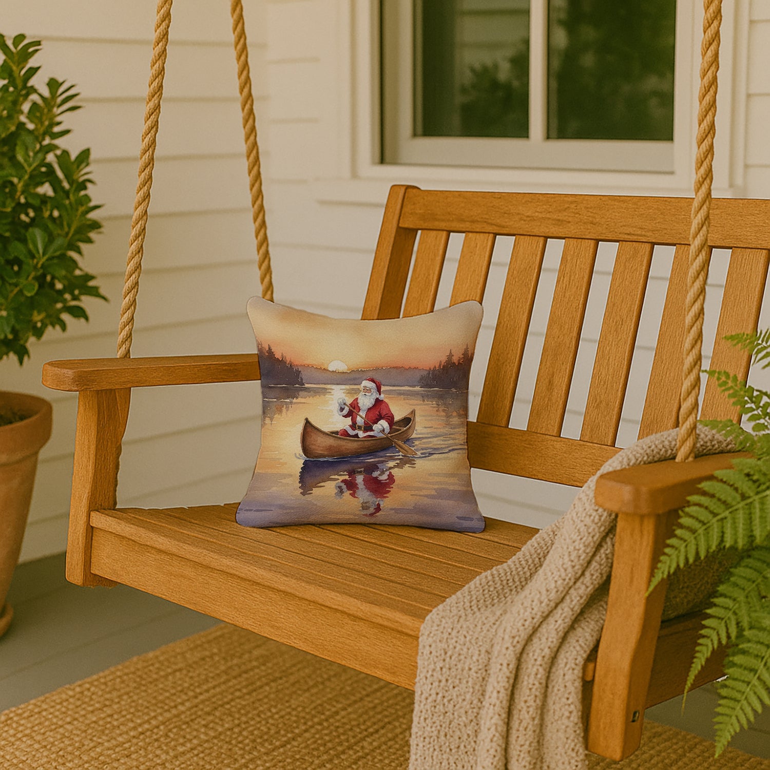Santa Claus Canoeing at Sunset Christmas Decorative Throw Pillow 14x14 Indoor Outdoor Accent Cushion, Fabric Cover with Insert for Sofa, Bed, Porch & Living Room