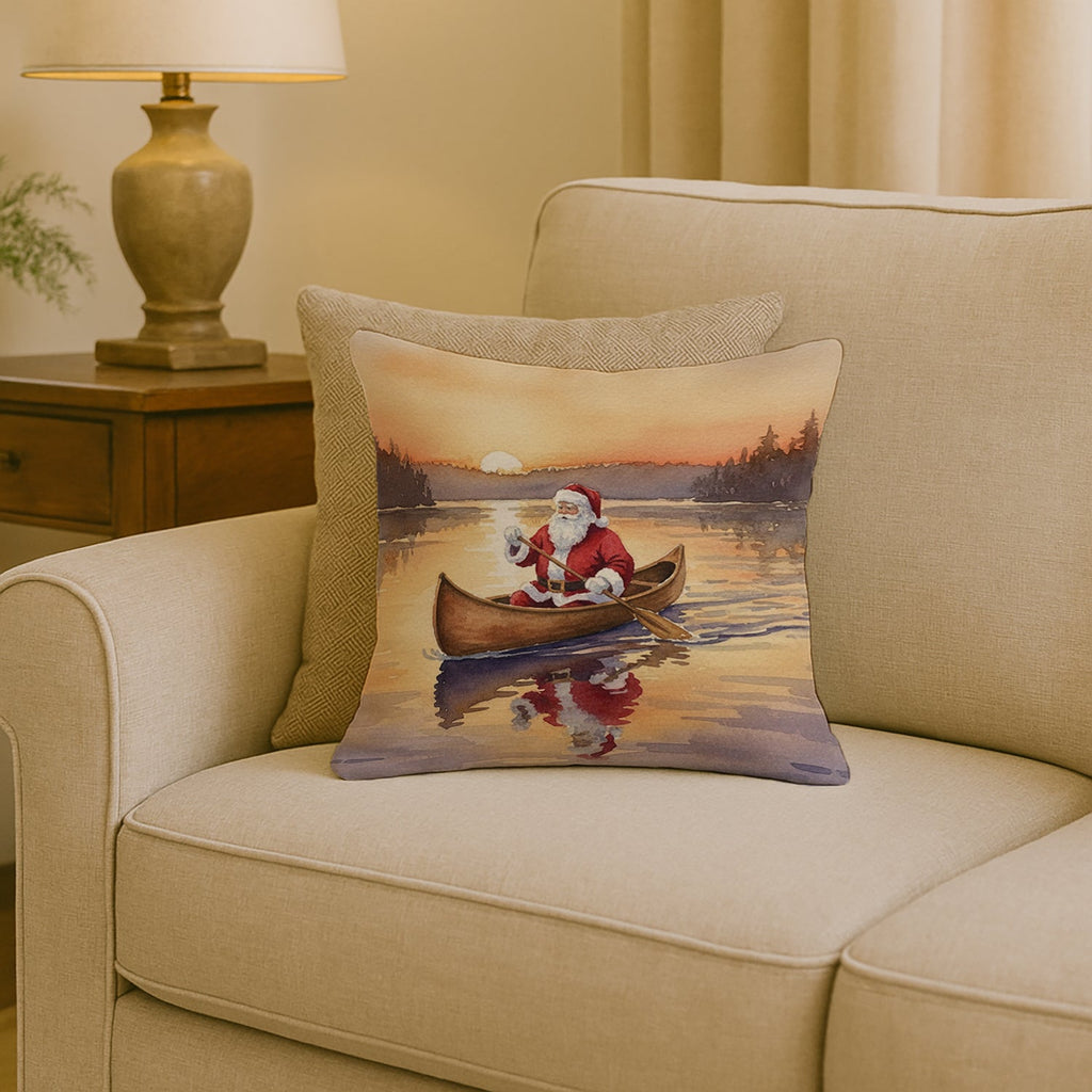 Santa Claus Canoeing at Sunset Christmas Decorative Throw Pillow 18x18 Indoor Outdoor Accent Cushion, Fabric Cover with Insert for Sofa, Bed, Porch & Living Room