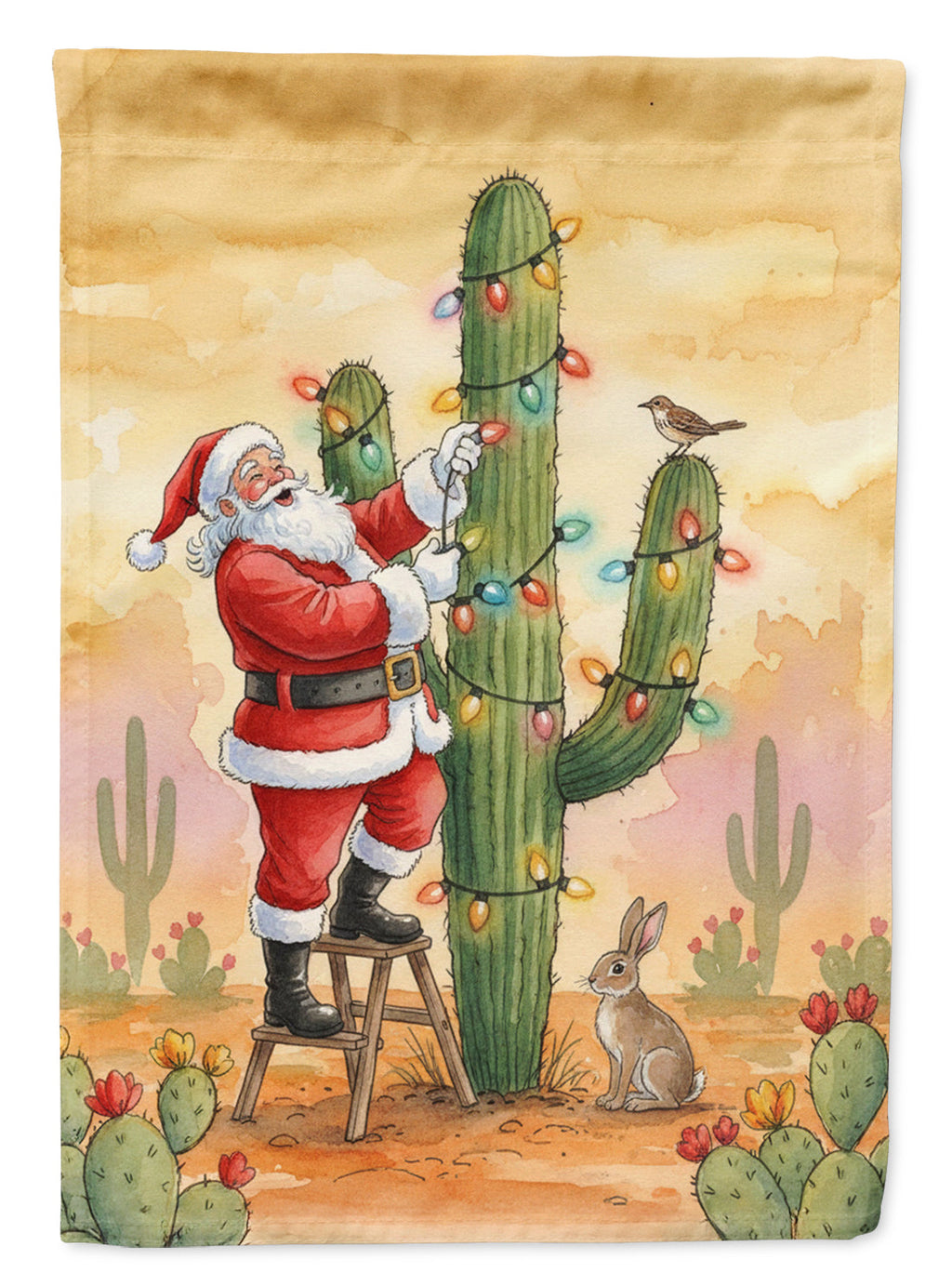 Santa Claus Decorating a Cactus Christmas House Flag 28x40 Porch Sleeve Pole Decorative Outside Yard Banner Artwork Wall Hanging, Polyester