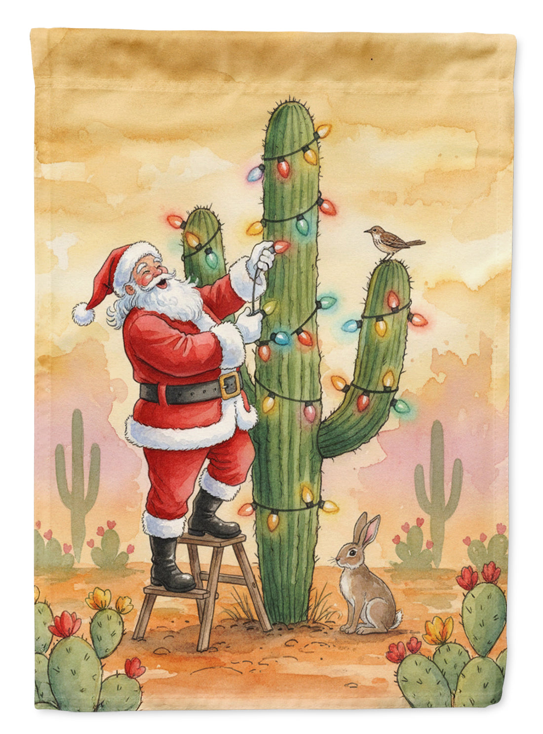 Santa Claus Decorating a Cactus Christmas House Flag 28x40 Porch Sleeve Pole Decorative Outside Yard Banner Artwork Wall Hanging, Polyester
