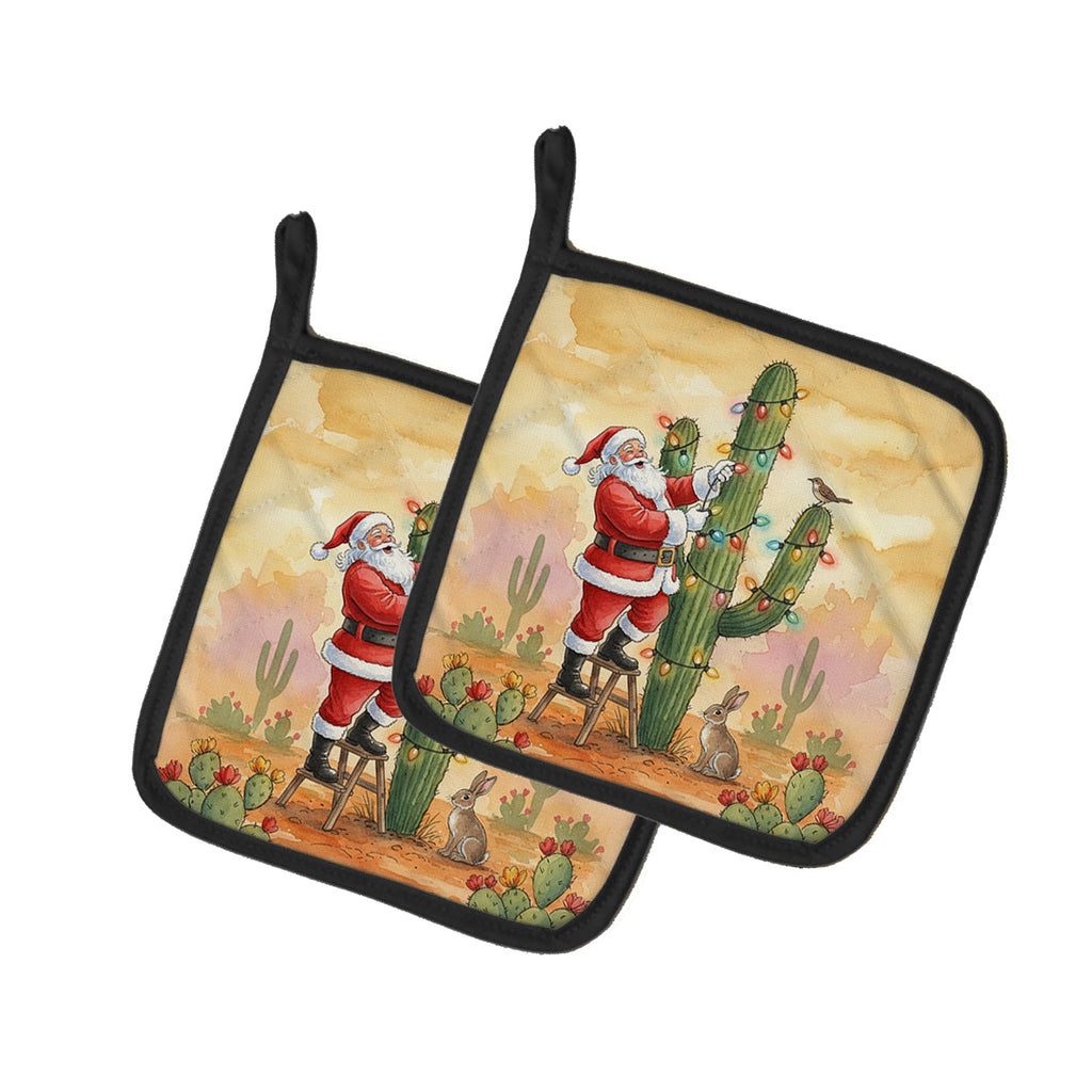 Santa Claus Decorating a Cactus Christmas Pot Holder Set of 2 Heat Resistant Quilted Hot Pads 7.5 x 7.5 Inch, Insulated Kitchen Trivets for Cooking & Baking
