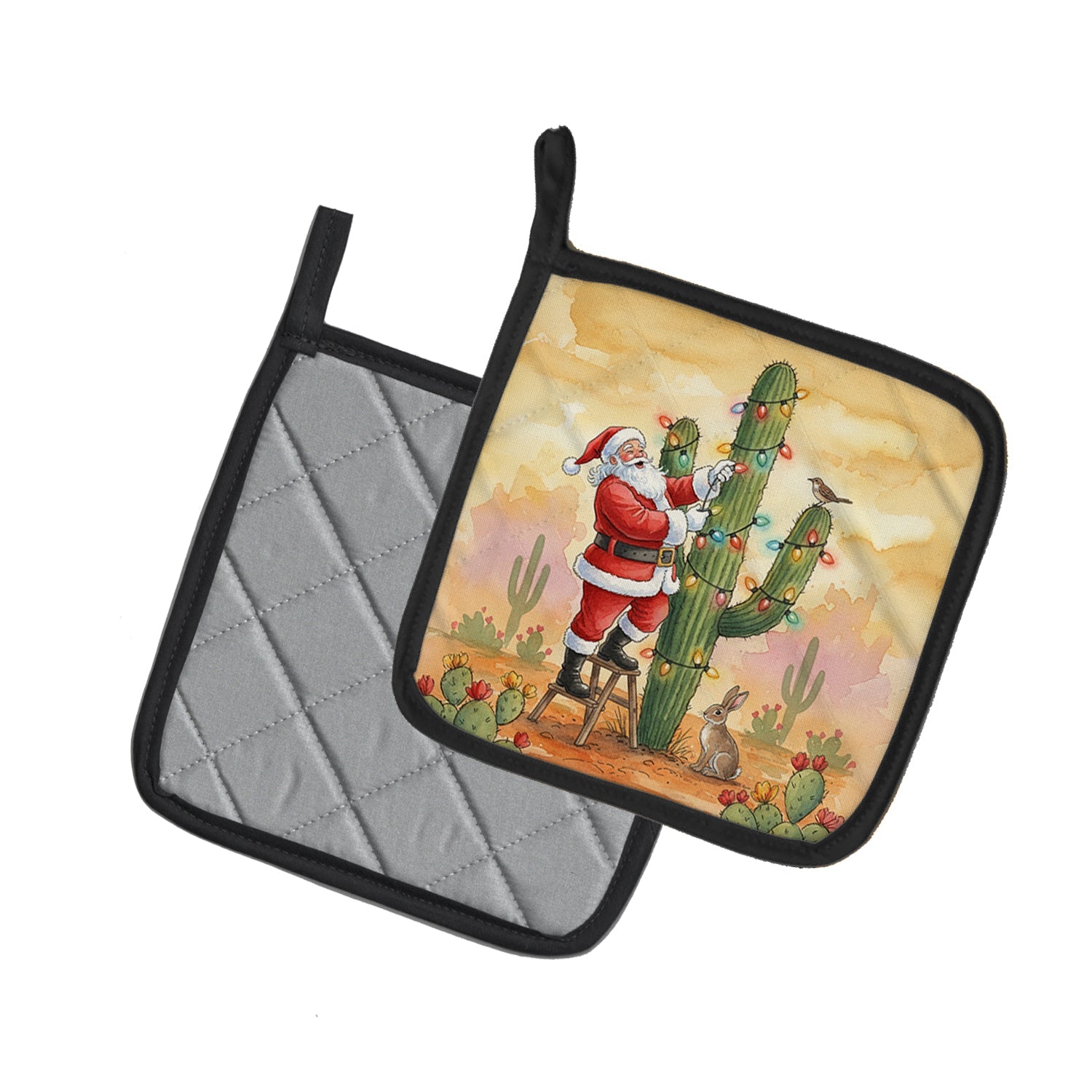 Santa Claus Decorating a Cactus Christmas Pot Holder Set of 2 Heat Resistant Quilted Hot Pads 7.5 x 7.5 Inch, Insulated Kitchen Trivets for Cooking & Baking