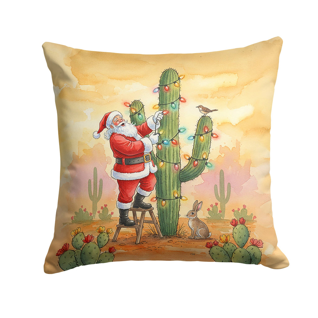 Santa Claus Decorating a Cactus Christmas Decorative Throw Pillow 14x14 Indoor Outdoor Accent Cushion, Fabric Cover with Insert for Sofa, Bed, Porch & Living Room