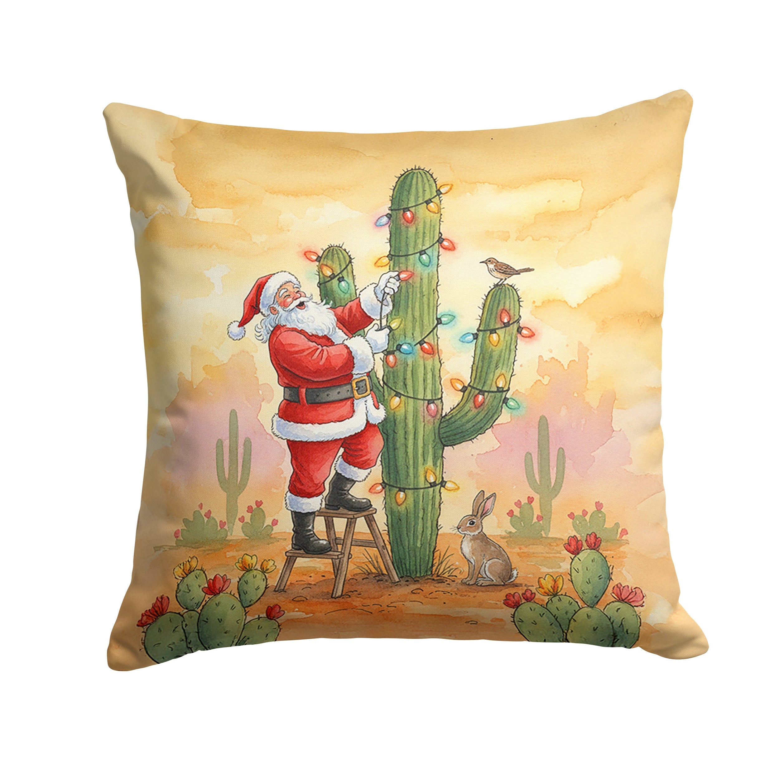 Santa Claus Decorating a Cactus Christmas Decorative Throw Pillow 14x14 Indoor Outdoor Accent Cushion, Fabric Cover with Insert for Sofa, Bed, Porch & Living Room