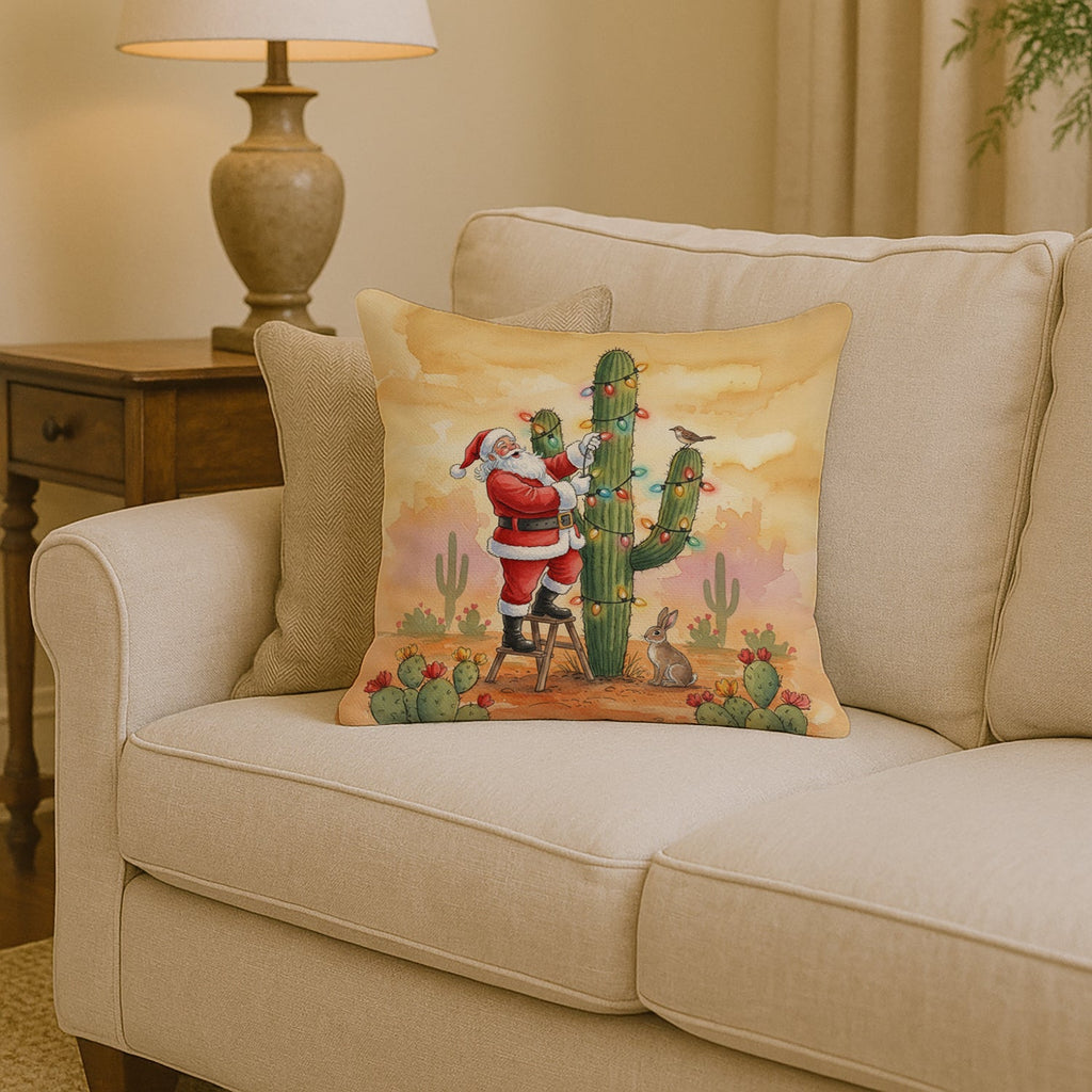 Santa Claus Decorating a Cactus Christmas Decorative Throw Pillow 14x14 Indoor Outdoor Accent Cushion, Fabric Cover with Insert for Sofa, Bed, Porch & Living Room