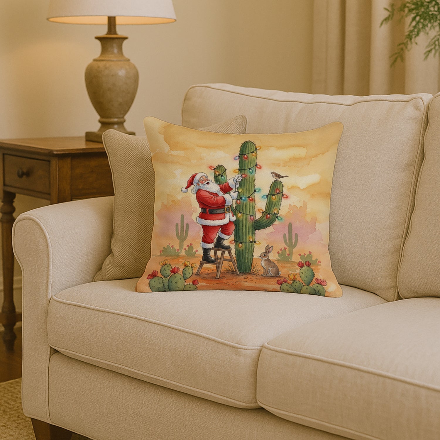 Santa Claus Decorating a Cactus Christmas Decorative Throw Pillow 14x14 Indoor Outdoor Accent Cushion, Fabric Cover with Insert for Sofa, Bed, Porch & Living Room