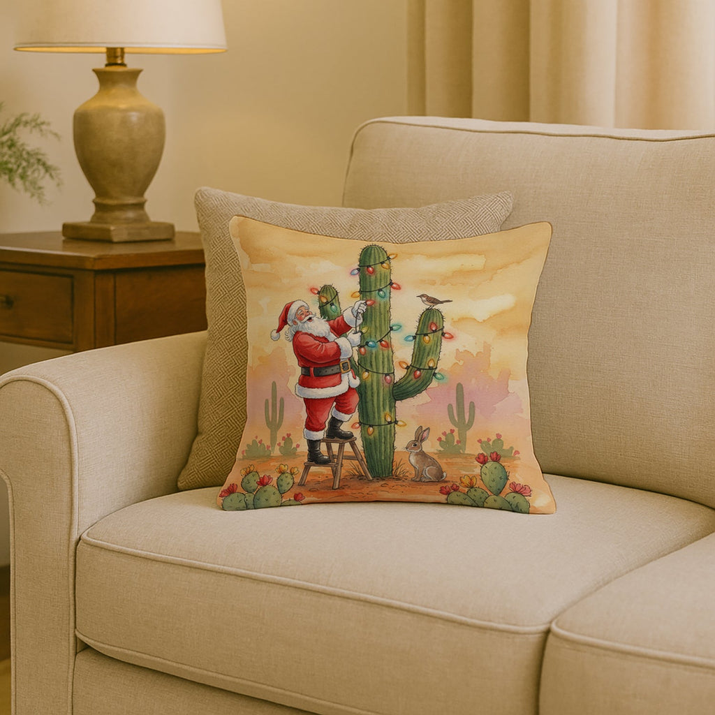 Santa Claus Decorating a Cactus Christmas Decorative Throw Pillow 18x18 Indoor Outdoor Accent Cushion, Fabric Cover with Insert for Sofa, Bed, Porch & Living Room