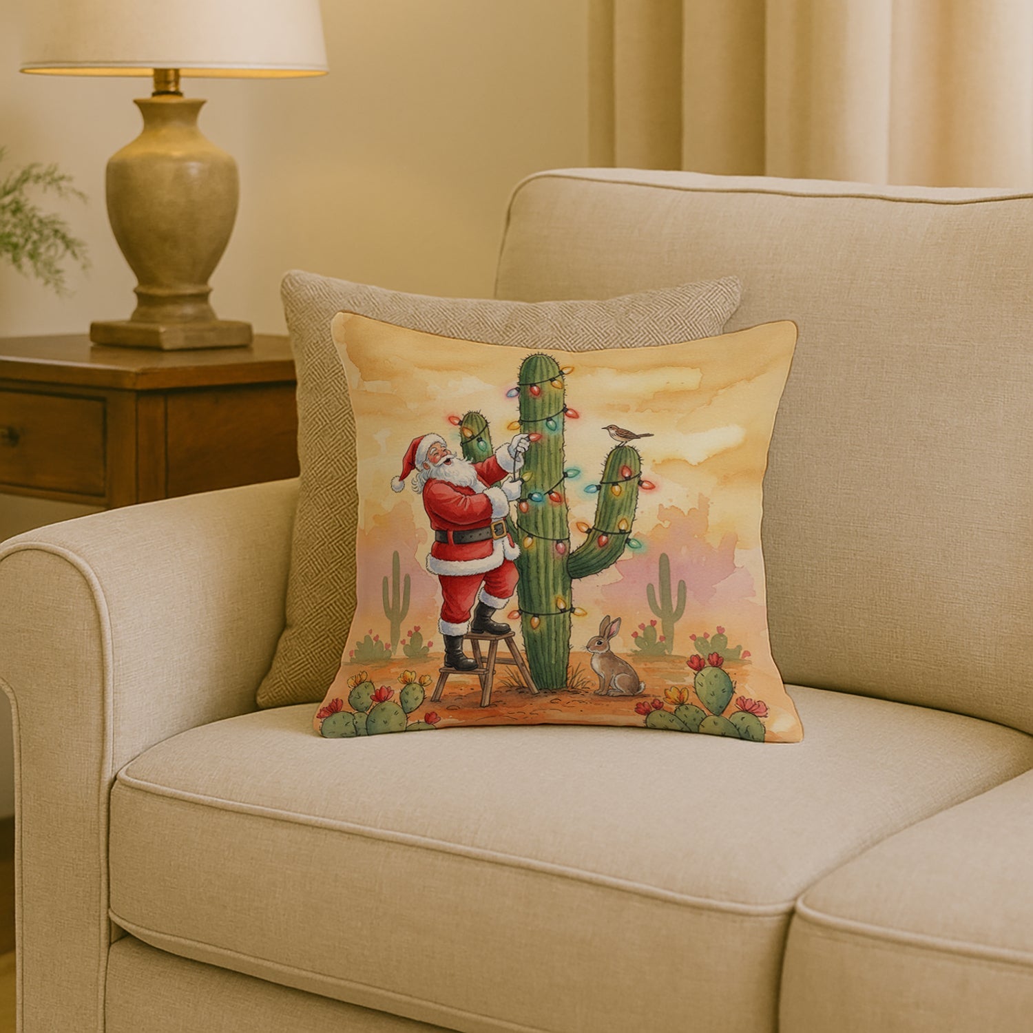 Santa Claus Decorating a Cactus Christmas Decorative Throw Pillow 18x18 Indoor Outdoor Accent Cushion, Fabric Cover with Insert for Sofa, Bed, Porch & Living Room