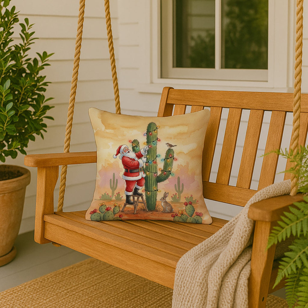 Santa Claus Decorating a Cactus Christmas Decorative Throw Pillow 18x18 Indoor Outdoor Accent Cushion, Fabric Cover with Insert for Sofa, Bed, Porch & Living Room