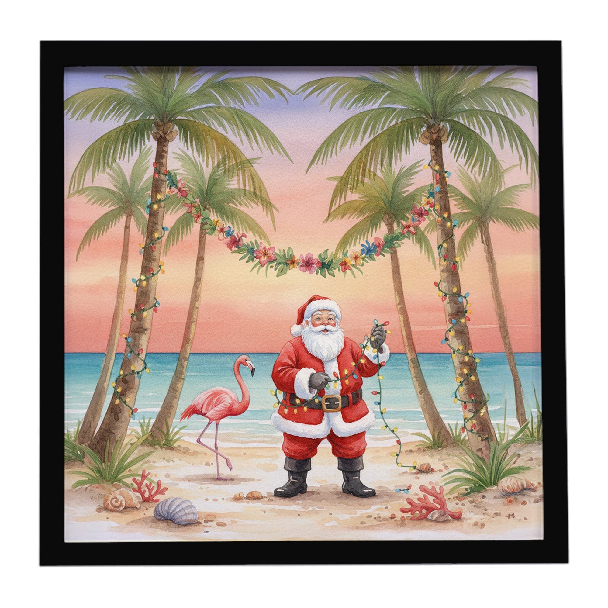 Santa Claus Decorating Palm Tree Christmas Framed Metal Print Bathroom, Kitchen, Office, Home Decor Wall Art Ready to Hang, Square, 8X8