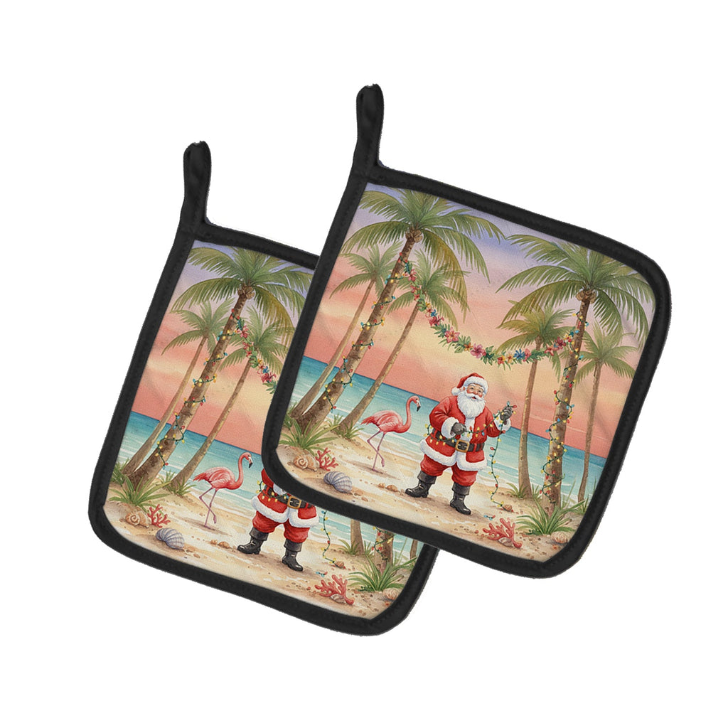 Santa Claus Decorating Palm Tree Christmas Pot Holder Set of 2 Heat Resistant Quilted Hot Pads 7.5 x 7.5 Inch, Insulated Kitchen Trivets for Cooking & Baking