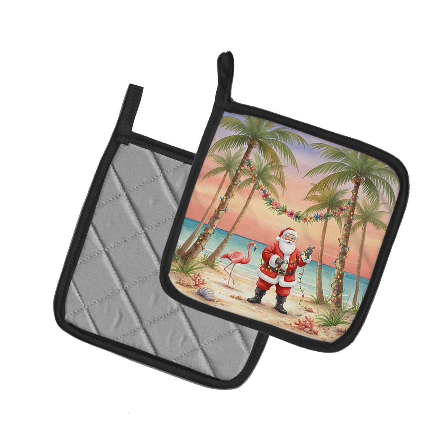 Santa Claus Decorating Palm Tree Christmas Pot Holder Set of 2 Heat Resistant Quilted Hot Pads 7.5 x 7.5 Inch, Insulated Kitchen Trivets for Cooking & Baking