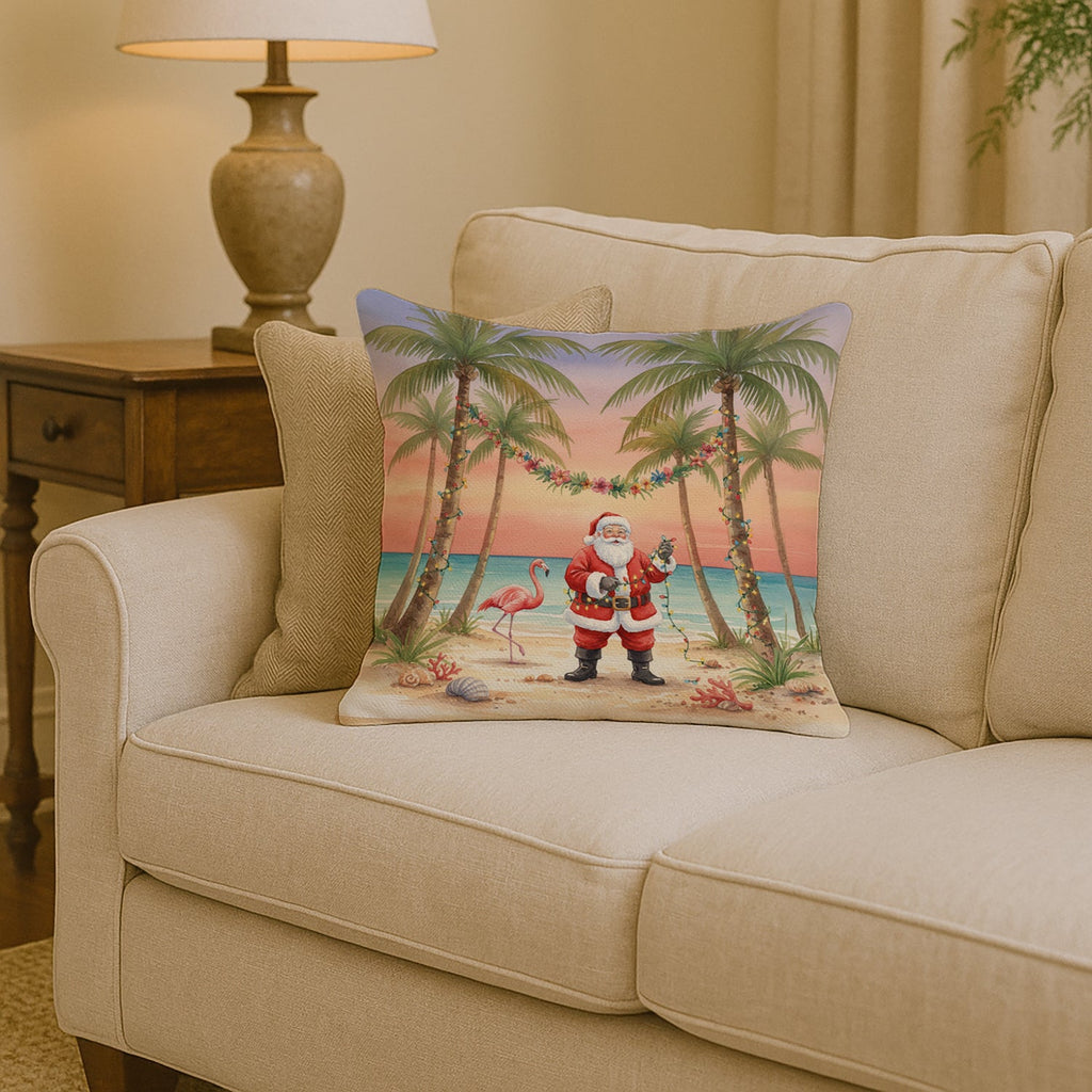 Santa Claus Decorating Palm Tree Christmas Decorative Throw Pillow 14x14 Indoor Outdoor Accent Cushion, Fabric Cover with Insert for Sofa, Bed, Porch & Living Room