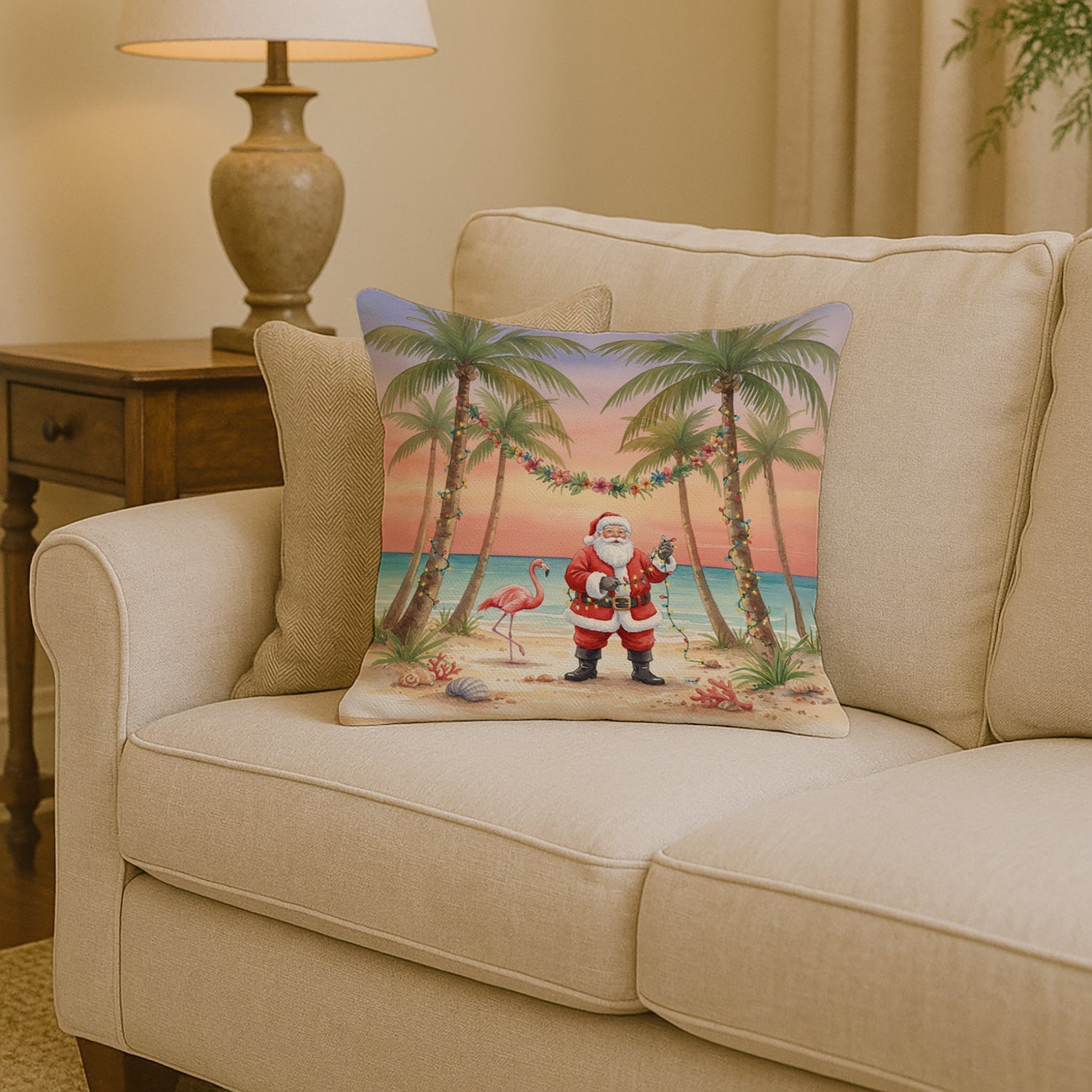 Santa Claus Decorating Palm Tree Christmas Decorative Throw Pillow 14x14 Indoor Outdoor Accent Cushion, Fabric Cover with Insert for Sofa, Bed, Porch & Living Room