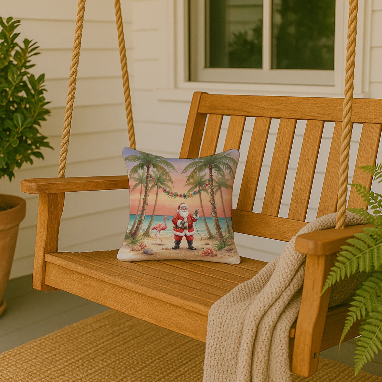 Santa Claus Decorating Palm Tree Christmas Decorative Throw Pillow 14x14 Indoor Outdoor Accent Cushion, Fabric Cover with Insert for Sofa, Bed, Porch & Living Room