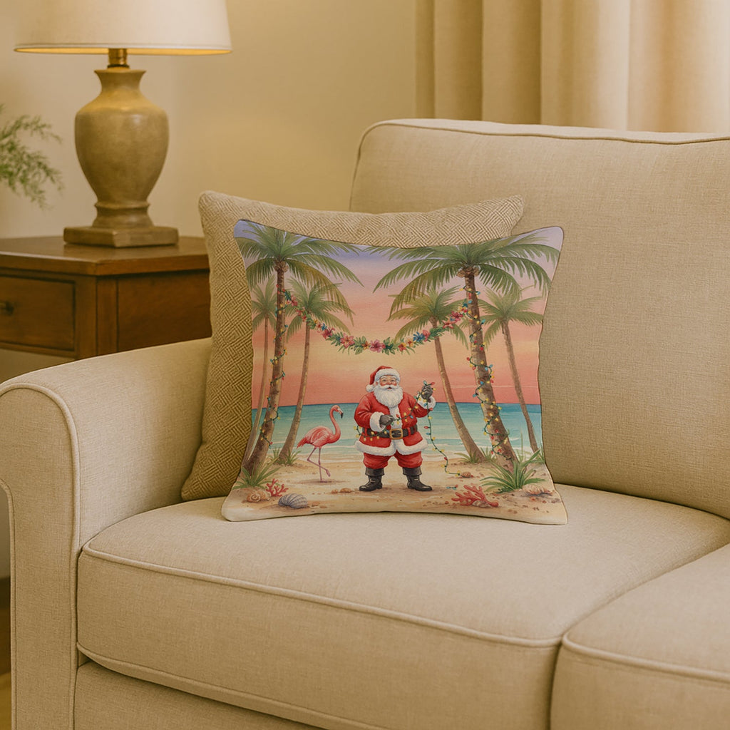 Santa Claus Decorating Palm Tree Christmas Decorative Throw Pillow 18x18 Indoor Outdoor Accent Cushion, Fabric Cover with Insert for Sofa, Bed, Porch & Living Room