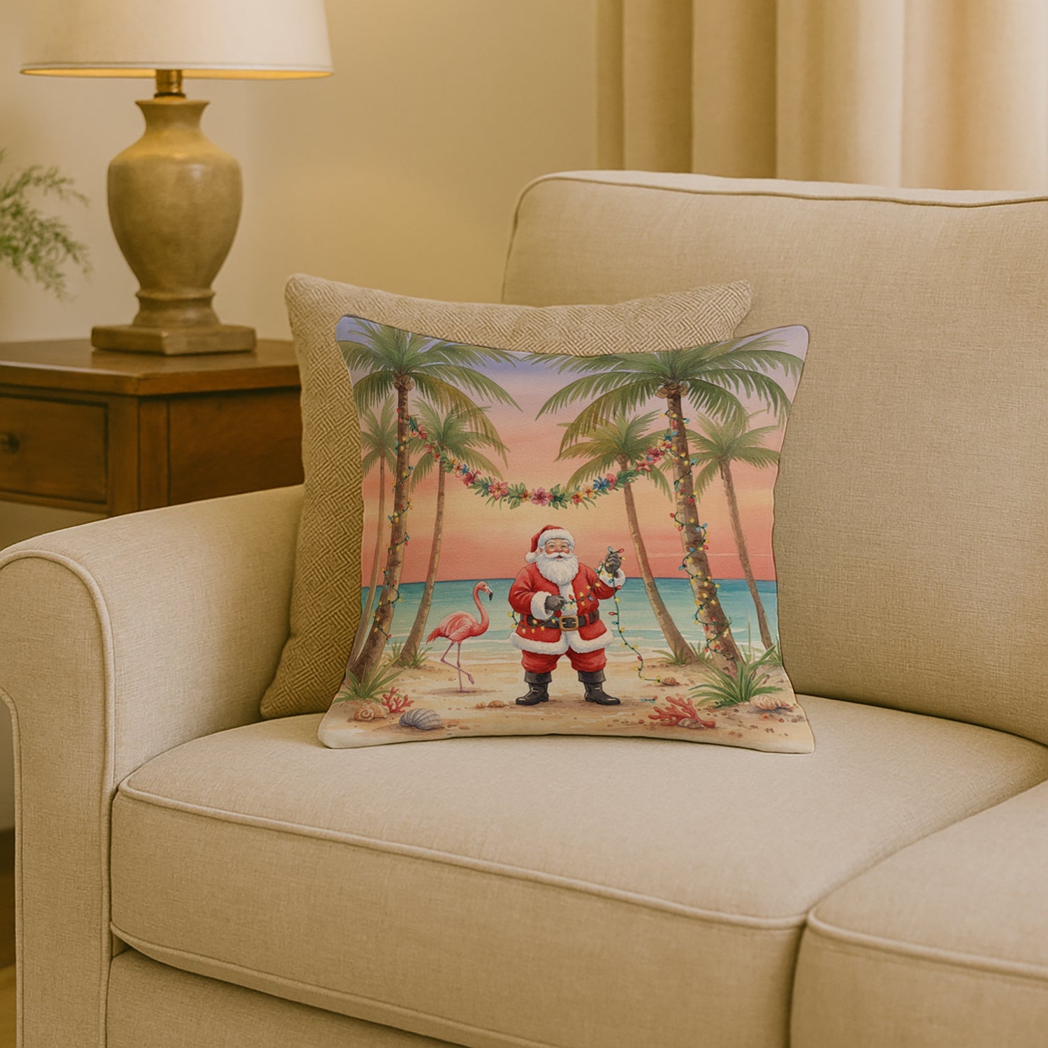 Santa Claus Decorating Palm Tree Christmas Decorative Throw Pillow 18x18 Indoor Outdoor Accent Cushion, Fabric Cover with Insert for Sofa, Bed, Porch & Living Room