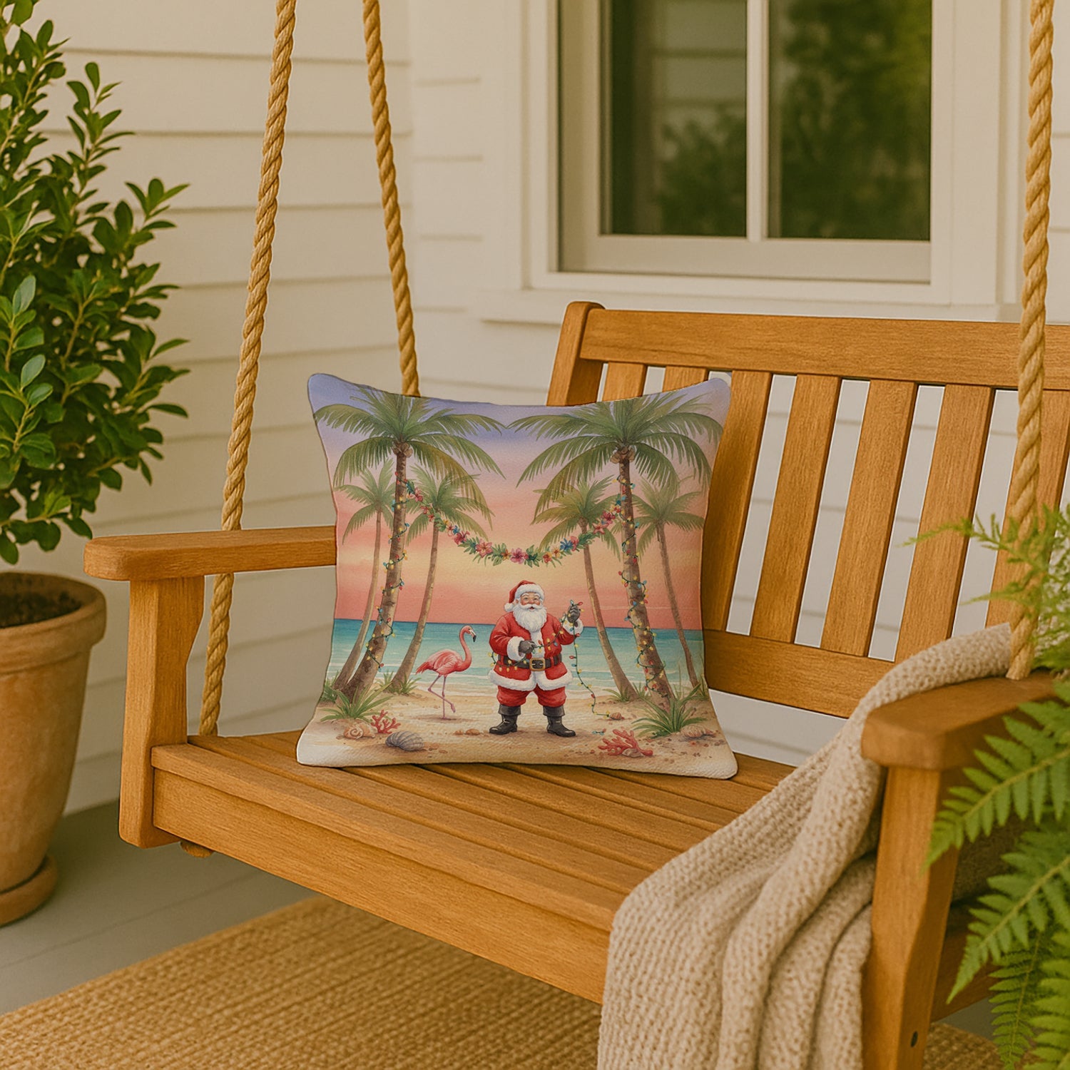 Santa Claus Decorating Palm Tree Christmas Decorative Throw Pillow 18x18 Indoor Outdoor Accent Cushion, Fabric Cover with Insert for Sofa, Bed, Porch & Living Room