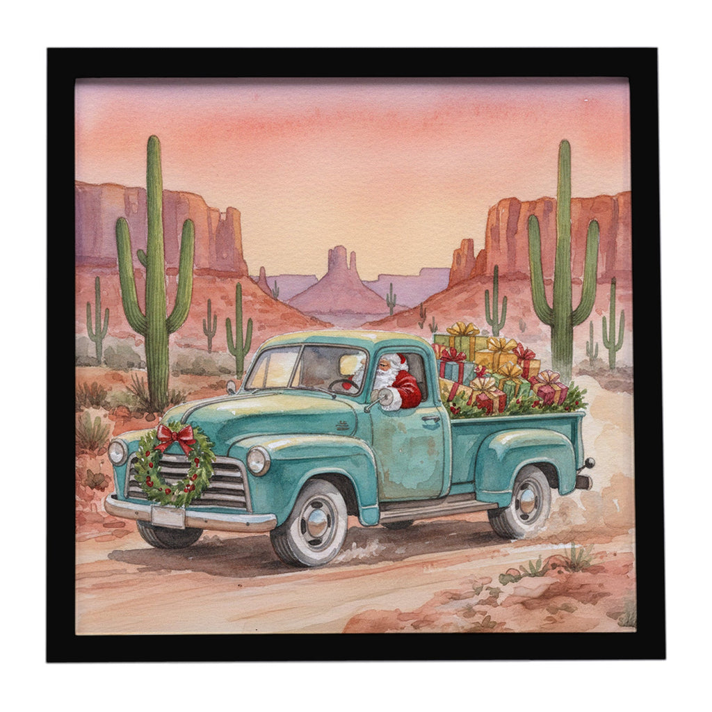 Santa Claus Delivering Gifts in an Old Pickup  Christmas Framed Metal Print Bathroom, Kitchen, Office, Home Decor Wall Art Ready to Hang, Square, 8X8