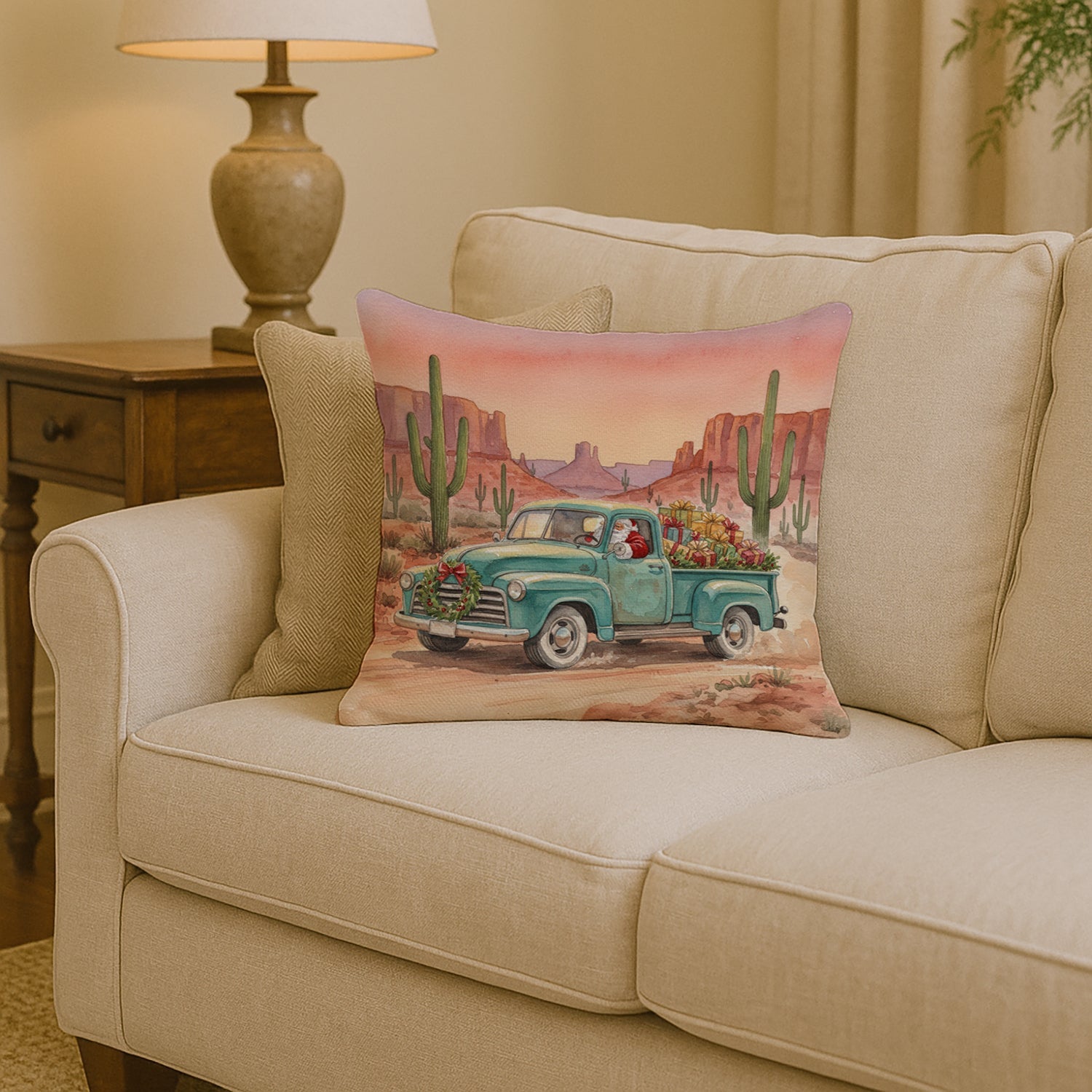 Santa Claus Delivering Gifts in an Old Pickup  Christmas Decorative Throw Pillow 14x14 Indoor Outdoor Accent Cushion, Fabric Cover with Insert for Sofa, Bed, Porch & Living Room