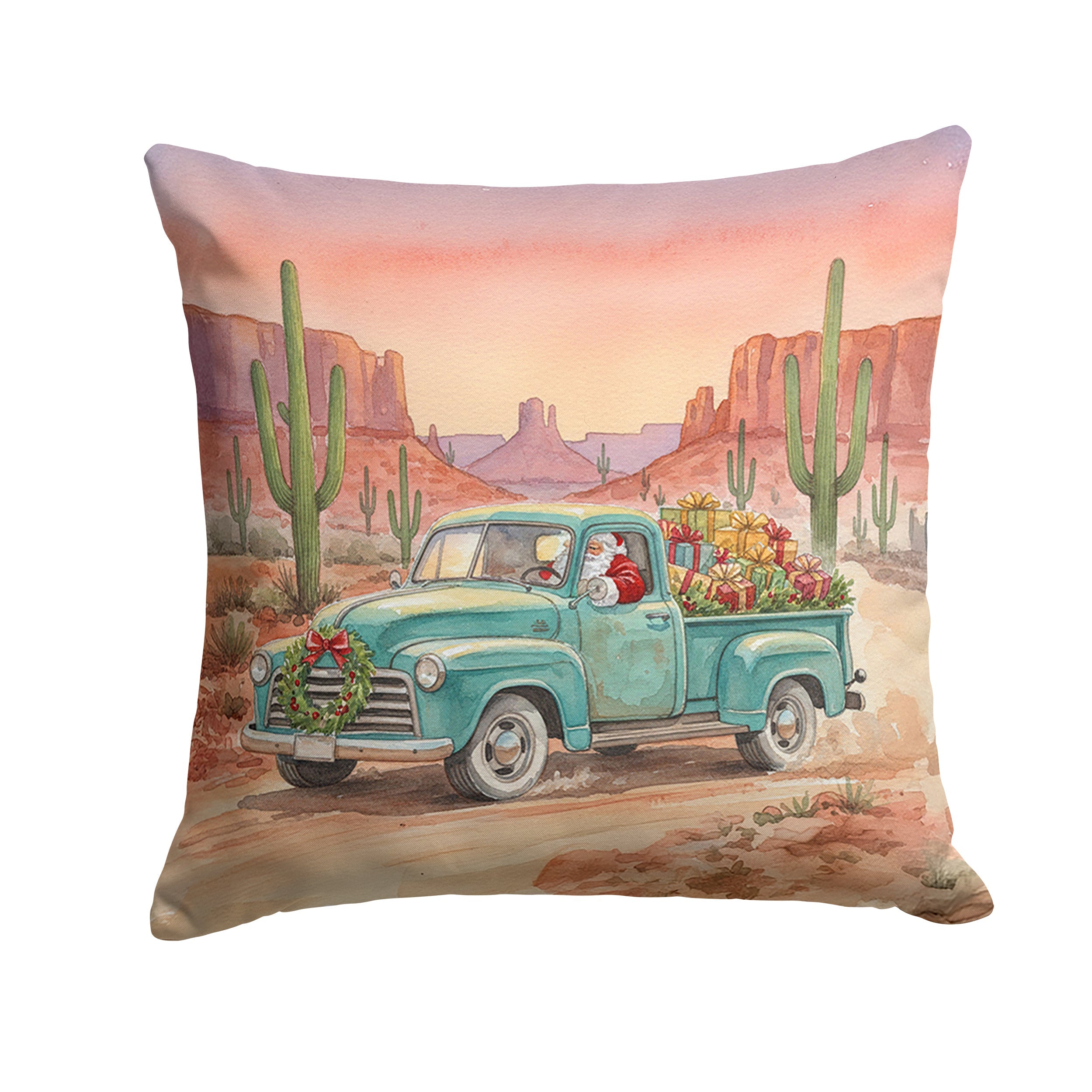 Santa Claus Delivering Gifts in an Old Pickup  Christmas Decorative Throw Pillow 18x18 Indoor Outdoor Accent Cushion, Fabric Cover with Insert for Sofa, Bed, Porch & Living Room