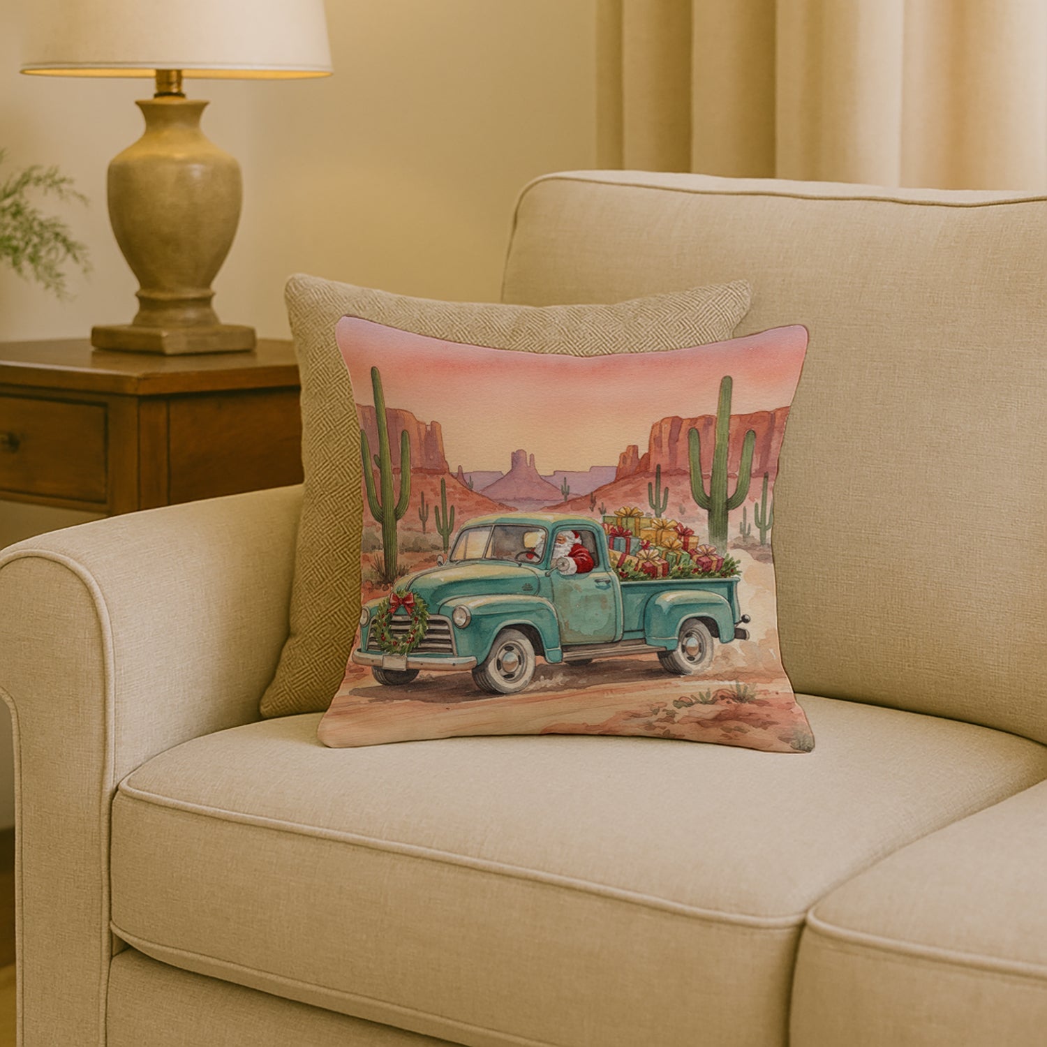 Santa Claus Delivering Gifts in an Old Pickup  Christmas Decorative Throw Pillow 18x18 Indoor Outdoor Accent Cushion, Fabric Cover with Insert for Sofa, Bed, Porch & Living Room