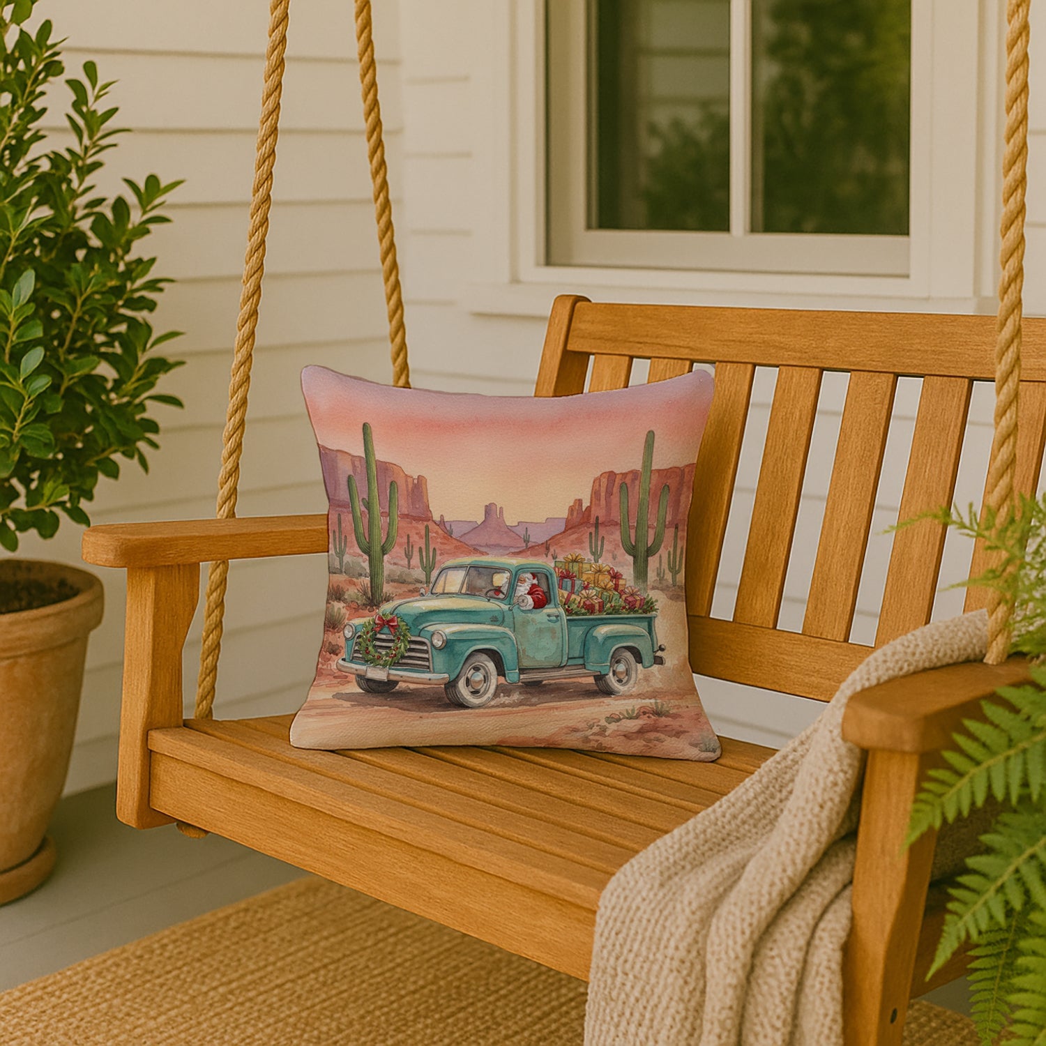 Santa Claus Delivering Gifts in an Old Pickup  Christmas Decorative Throw Pillow 18x18 Indoor Outdoor Accent Cushion, Fabric Cover with Insert for Sofa, Bed, Porch & Living Room