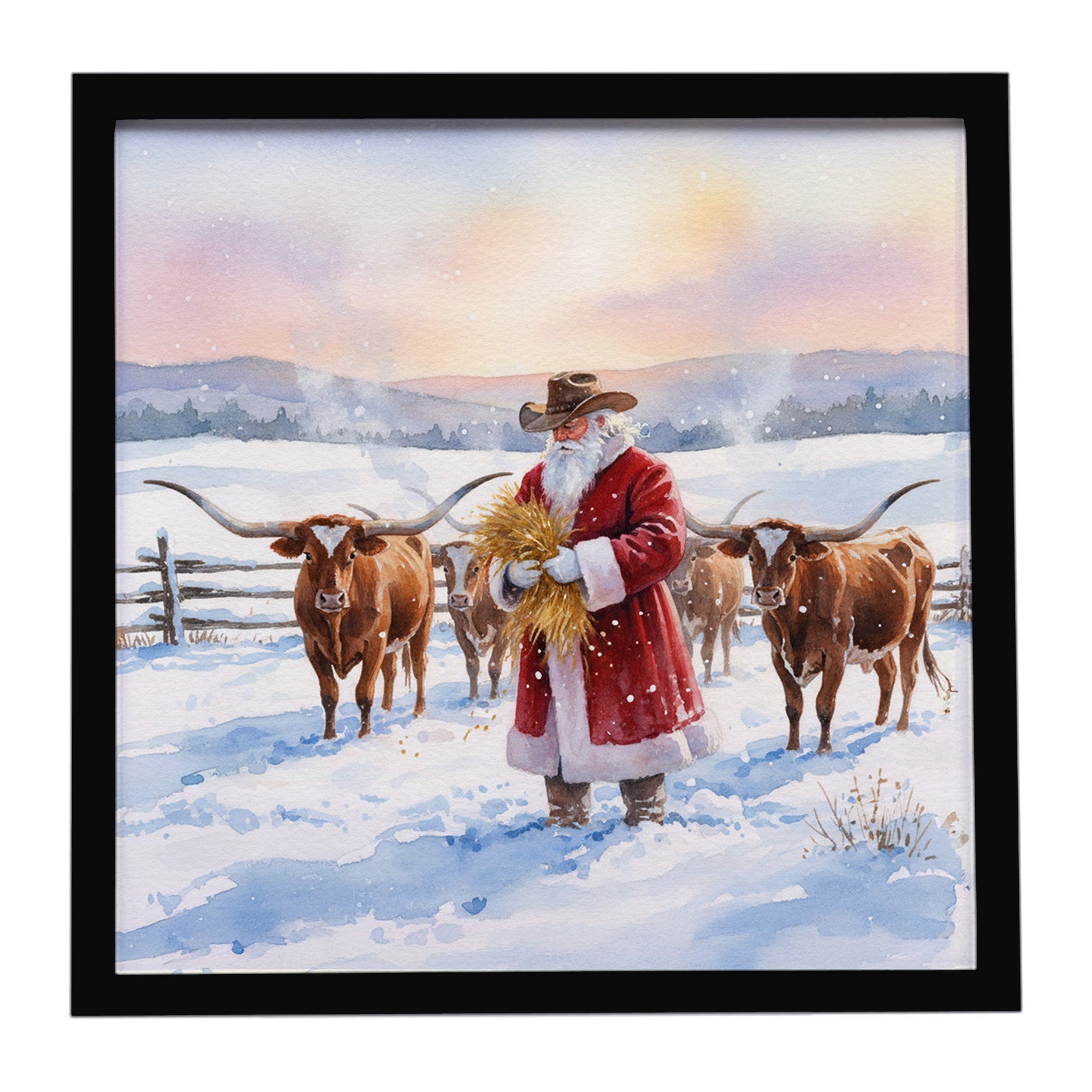 Santa Claus Feeding the Longhorns Christmas Framed Metal Print Bathroom, Kitchen, Office, Home Decor Wall Art Ready to Hang, Square, 8X8