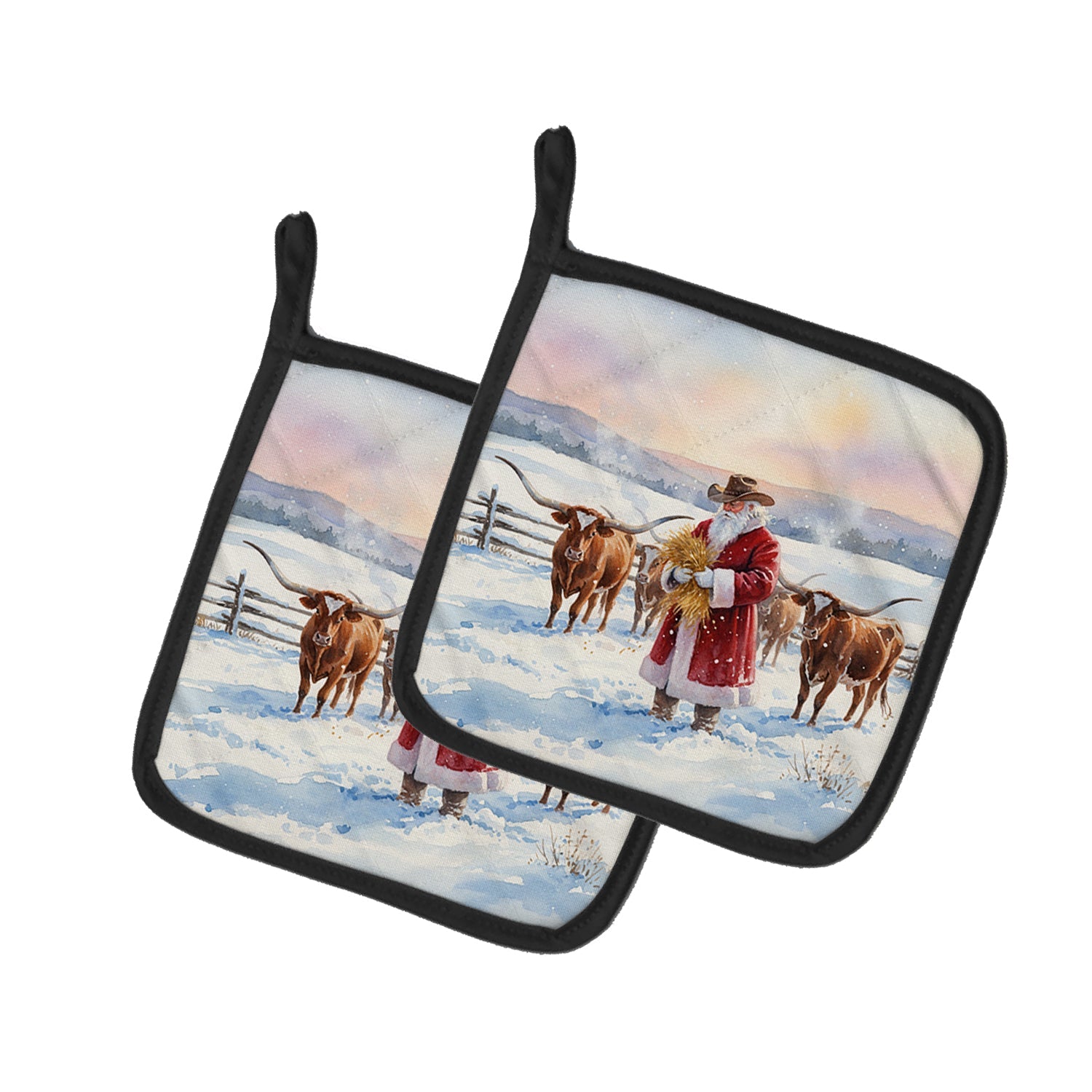 Santa Claus Feeding the Longhorns Christmas Pot Holder Set of 2 Heat Resistant Quilted Hot Pads 7.5 x 7.5 Inch, Insulated Kitchen Trivets for Cooking & Baking