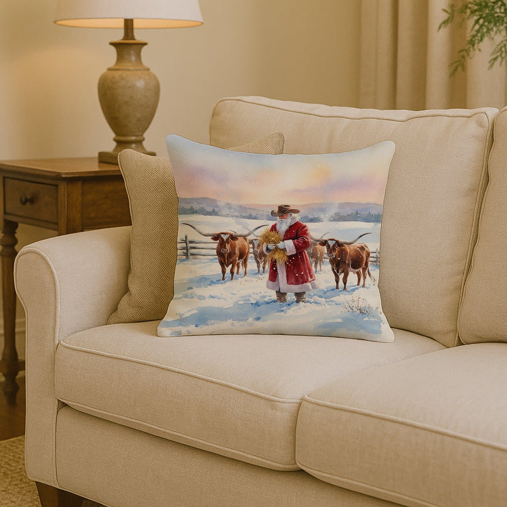Santa Claus Feeding the Longhorns Christmas Decorative Throw Pillow 14x14 Indoor Outdoor Accent Cushion, Fabric Cover with Insert for Sofa, Bed, Porch & Living Room