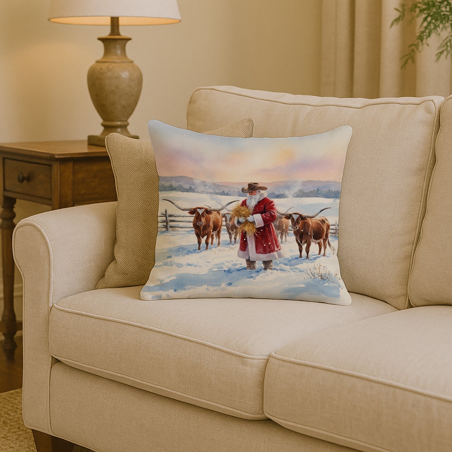 Santa Claus Feeding the Longhorns Christmas Decorative Throw Pillow 14x14 Indoor Outdoor Accent Cushion, Fabric Cover with Insert for Sofa, Bed, Porch & Living Room