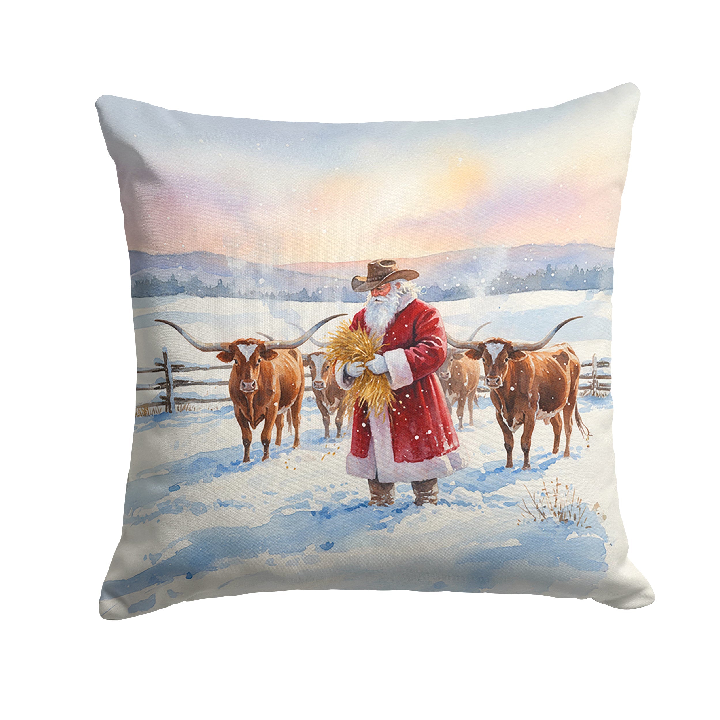Santa Claus Feeding the Longhorns Christmas Decorative Throw Pillow 18x18 Indoor Outdoor Accent Cushion, Fabric Cover with Insert for Sofa, Bed, Porch & Living Room