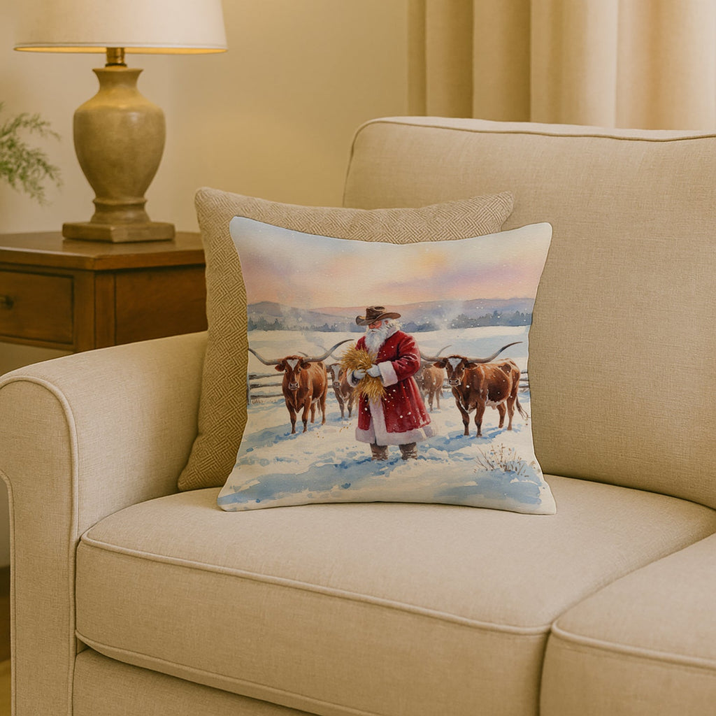 Santa Claus Feeding the Longhorns Christmas Decorative Throw Pillow 18x18 Indoor Outdoor Accent Cushion, Fabric Cover with Insert for Sofa, Bed, Porch & Living Room