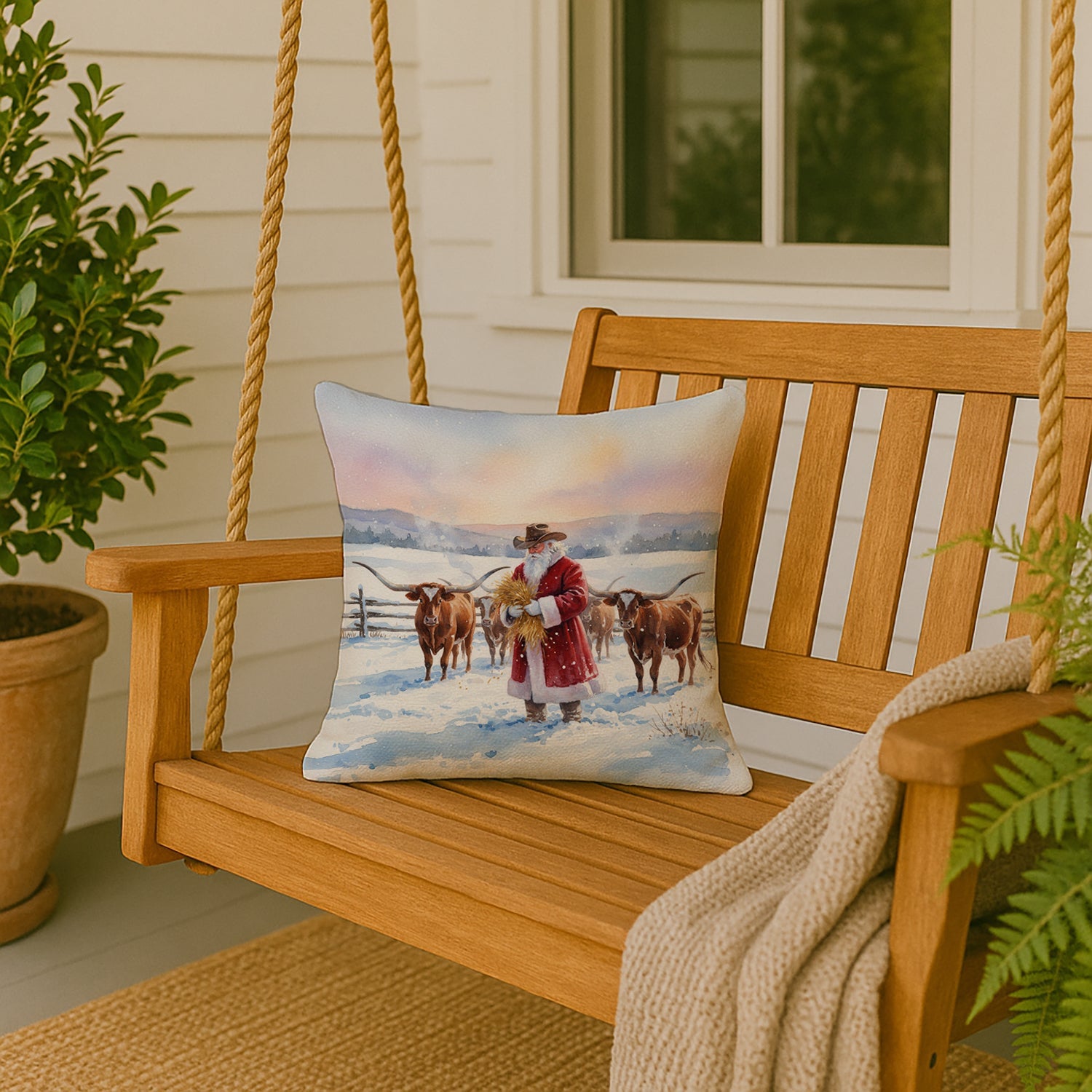 Santa Claus Feeding the Longhorns Christmas Decorative Throw Pillow 18x18 Indoor Outdoor Accent Cushion, Fabric Cover with Insert for Sofa, Bed, Porch & Living Room