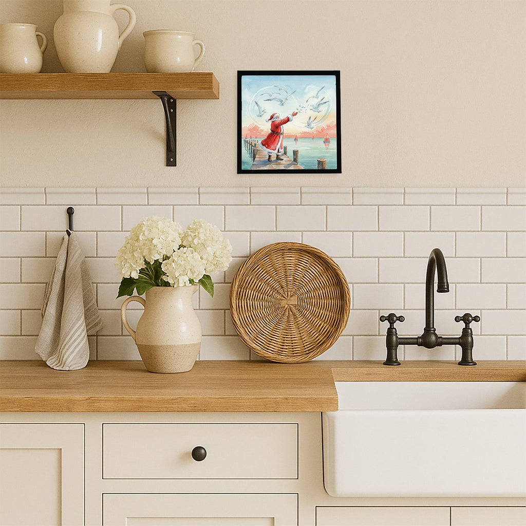 Santa Claus Feeding the Seagulls Christmas Framed Metal Print Bathroom, Kitchen, Office, Home Decor Wall Art Ready to Hang, Square, 8X8