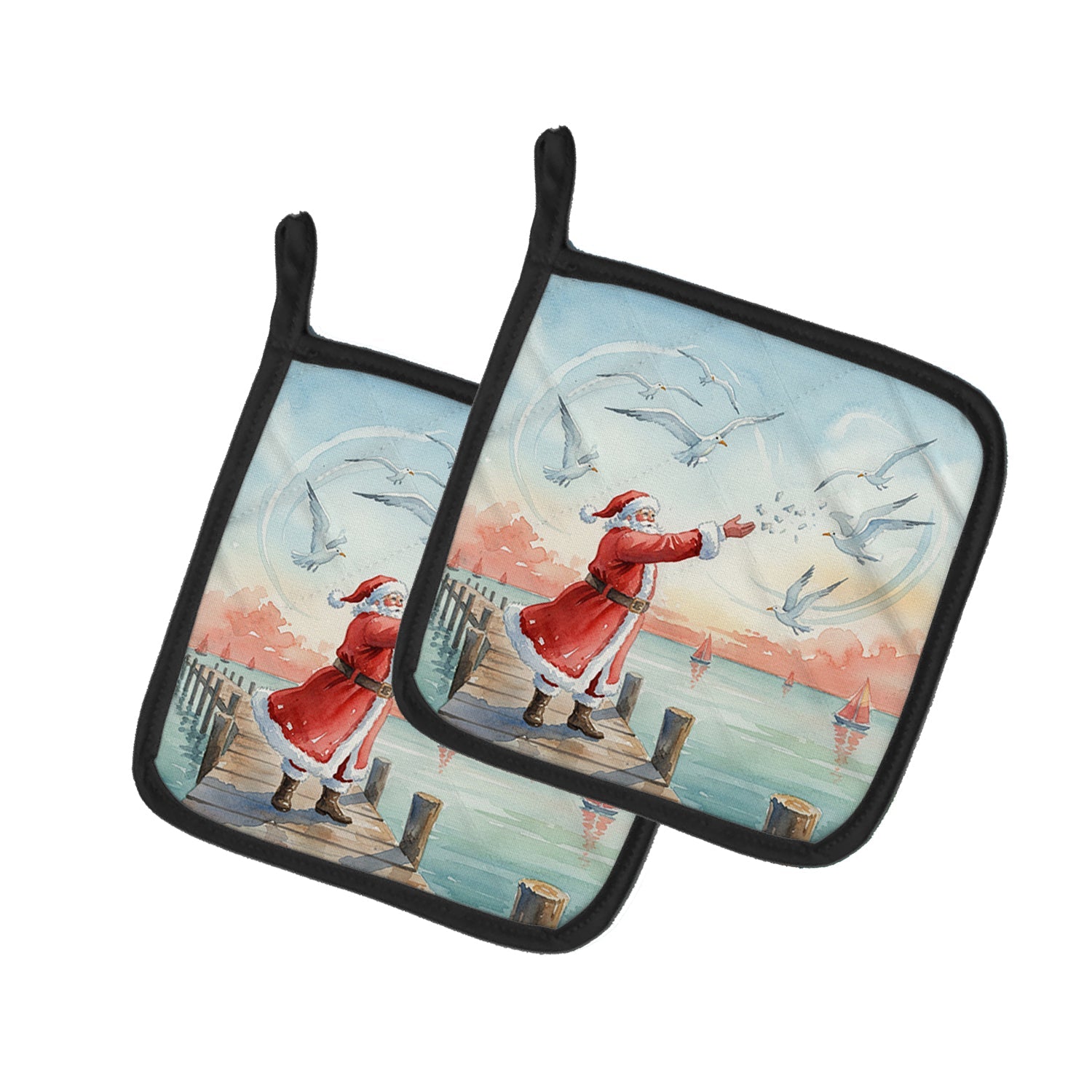 Santa Claus Feeding the Seagulls Christmas Pot Holder Set of 2 Heat Resistant Quilted Hot Pads 7.5 x 7.5 Inch, Insulated Kitchen Trivets for Cooking & Baking